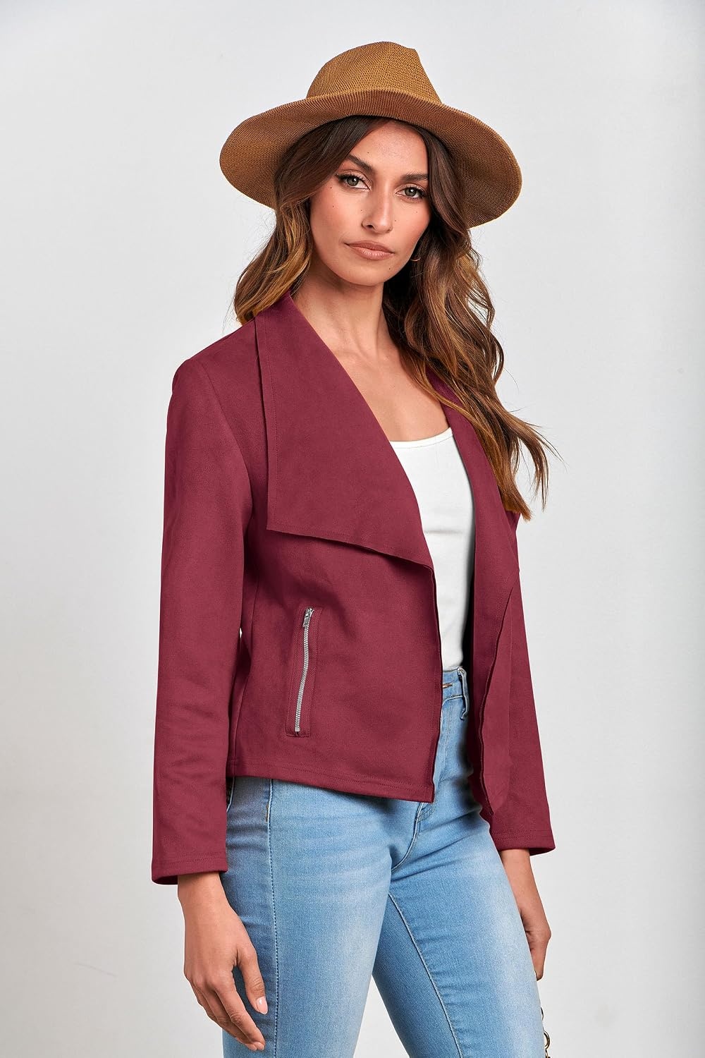 image:imagePRETTYGARDEN Womens Fall Fashion Faux Suede Jackets Long Sleeve Waterfall Collar Open Front Cropped Dressy Casual Jacket with Pockets Trendy Winter Clothes Going Out OutfitsWine Red