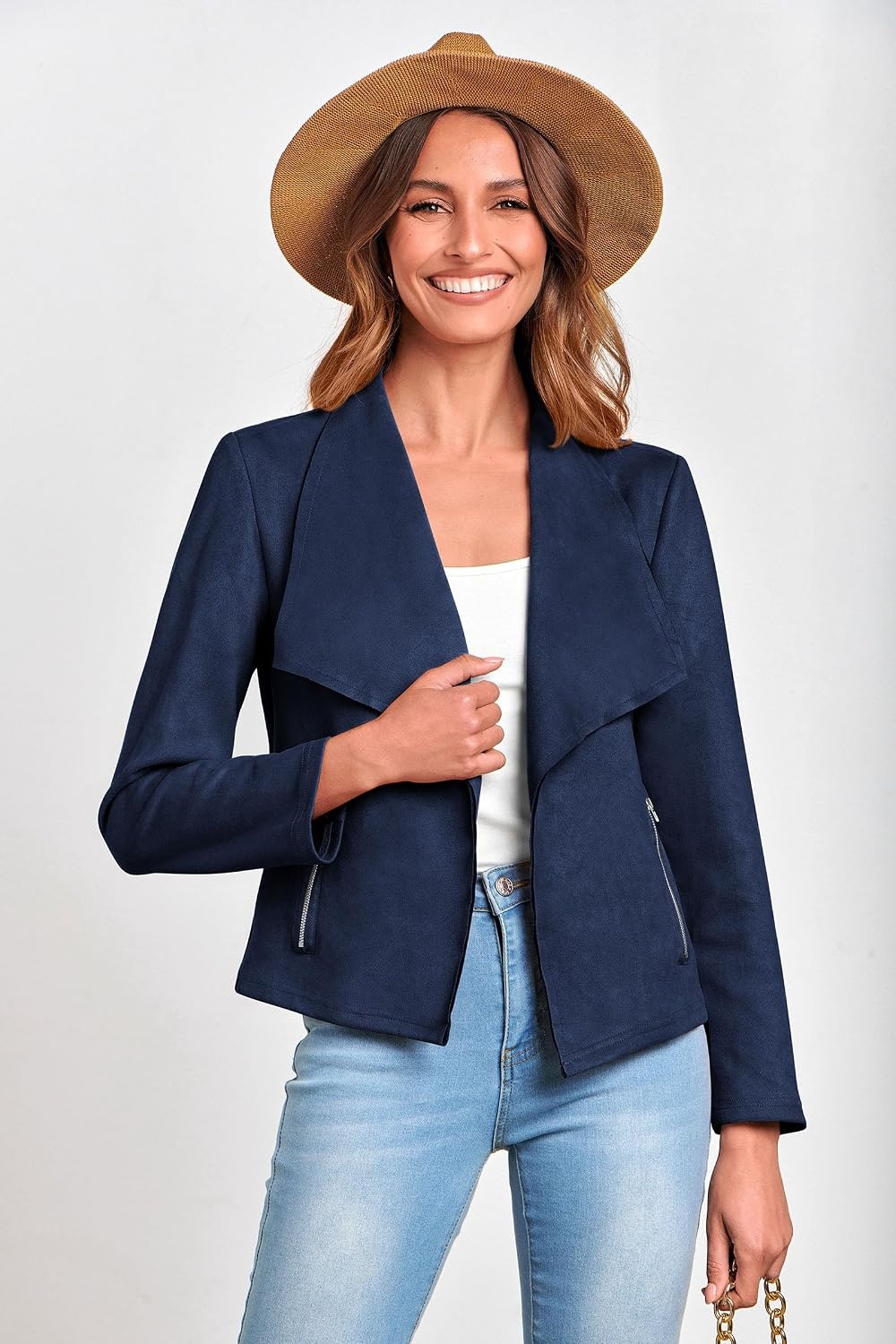image:imagePRETTYGARDEN Womens Fall Fashion Faux Suede Jackets Long Sleeve Waterfall Collar Open Front Cropped Dressy Casual Jacket with Pockets Trendy Winter Clothes Going Out OutfitsNavy