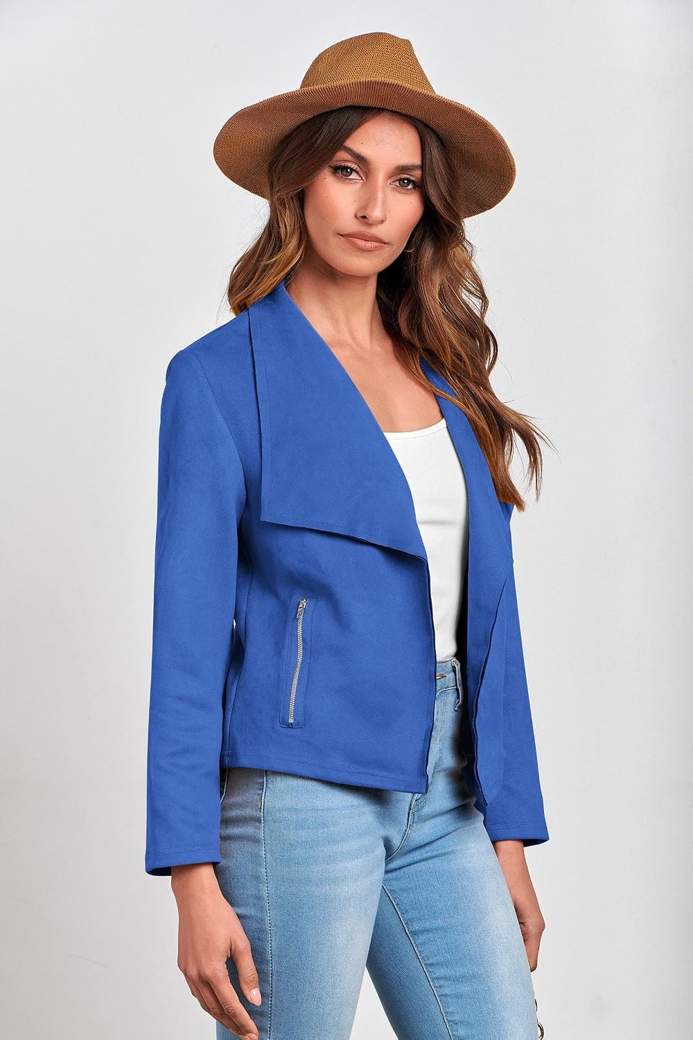 image:imagePRETTYGARDEN Womens Fall Fashion Faux Suede Jackets Long Sleeve Waterfall Collar Open Front Cropped Dressy Casual Jacket with Pockets Trendy Winter Clothes Going Out OutfitsBlue