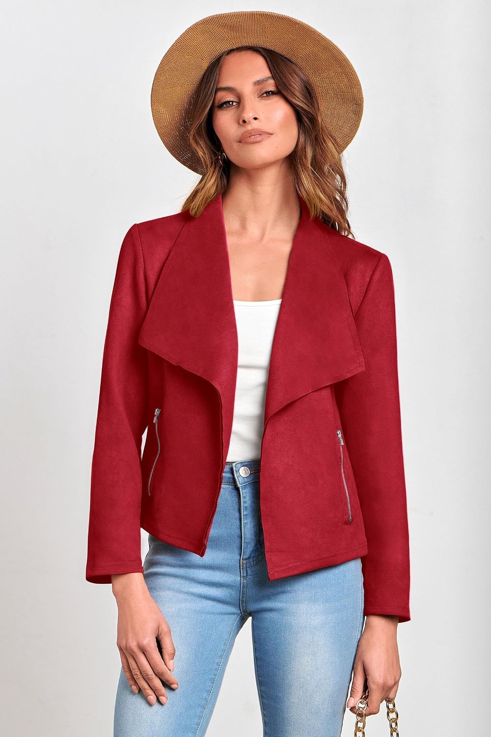 image:imagePRETTYGARDEN Womens Fall Fashion Faux Suede Jackets Long Sleeve Waterfall Collar Open Front Cropped Dressy Casual Jacket with Pockets Trendy Winter Clothes Going Out OutfitsRed