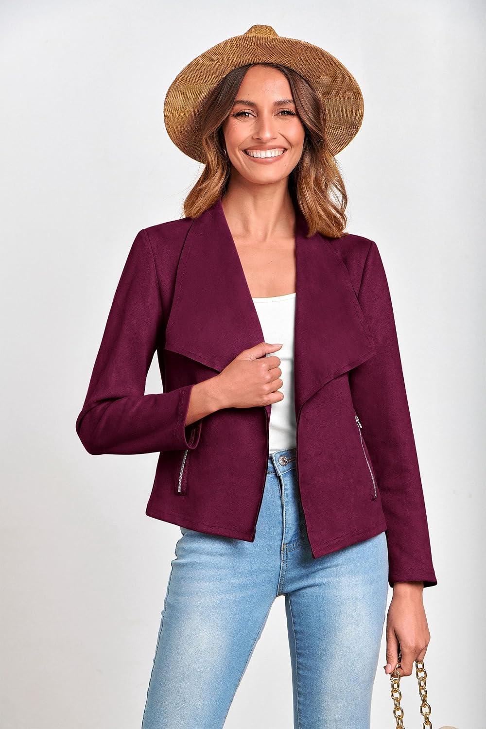 image:imagePRETTYGARDEN Womens Fall Fashion Faux Suede Jackets Long Sleeve Waterfall Collar Open Front Cropped Dressy Casual Jacket with Pockets Trendy Winter Clothes Going Out OutfitsPurple Red
