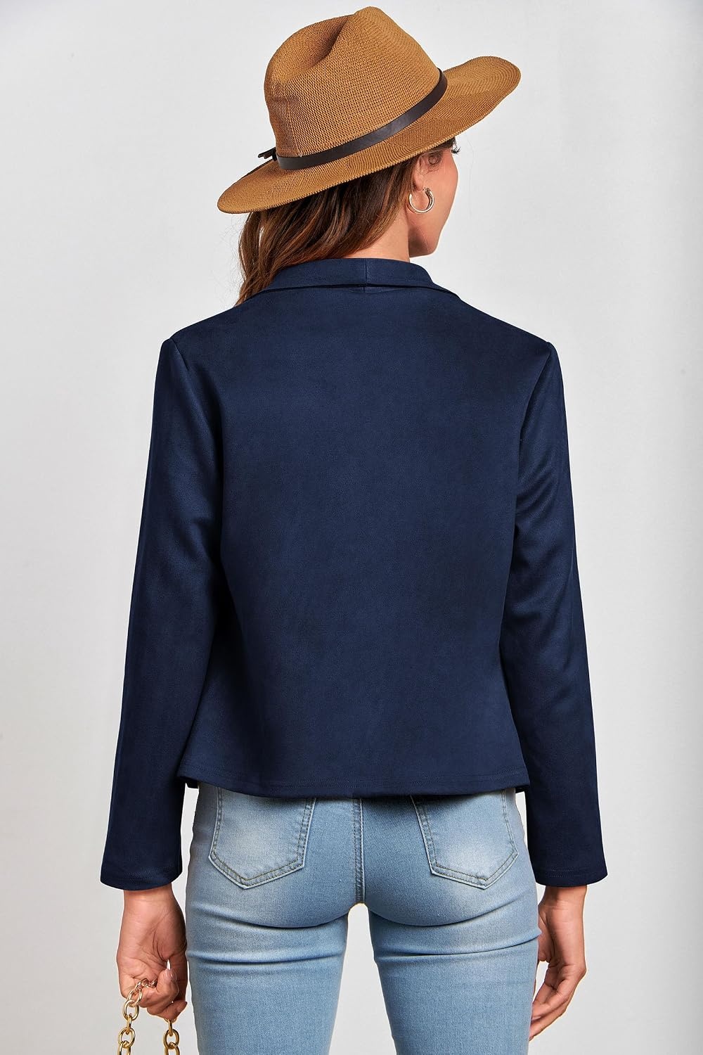 image:imagePRETTYGARDEN Womens Fall Fashion Faux Suede Jackets Long Sleeve Waterfall Collar Open Front Cropped Dressy Casual Jacket with Pockets Trendy Winter Clothes Going Out OutfitsNavy
