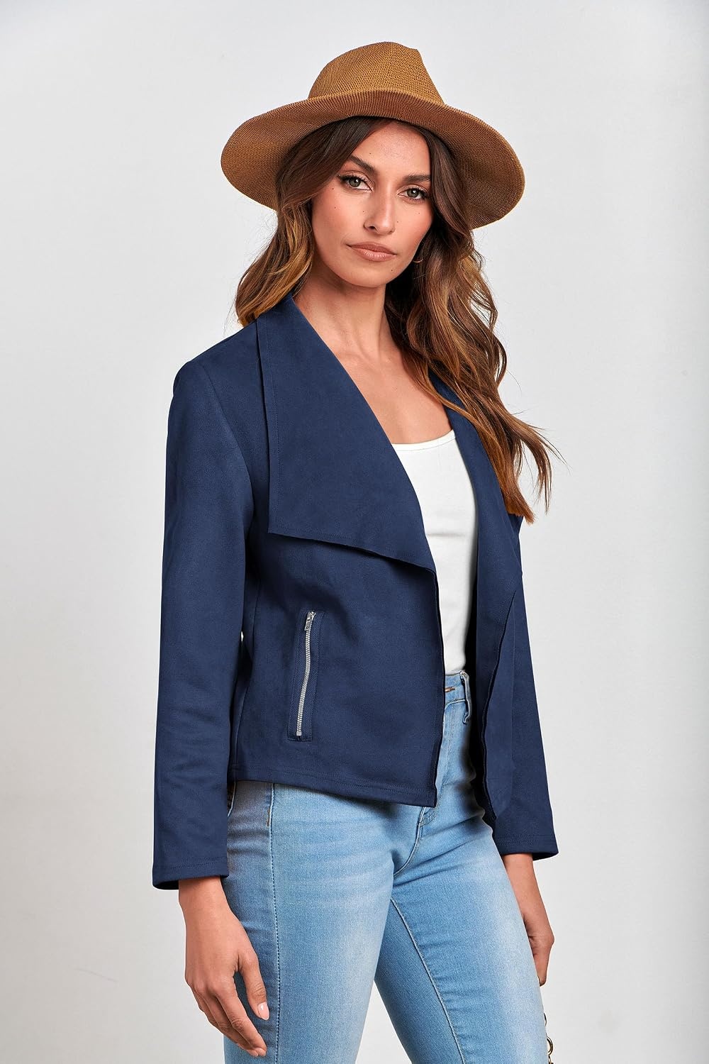 image:imagePRETTYGARDEN Womens Fall Fashion Faux Suede Jackets Long Sleeve Waterfall Collar Open Front Cropped Dressy Casual Jacket with Pockets Trendy Winter Clothes Going Out OutfitsNavy