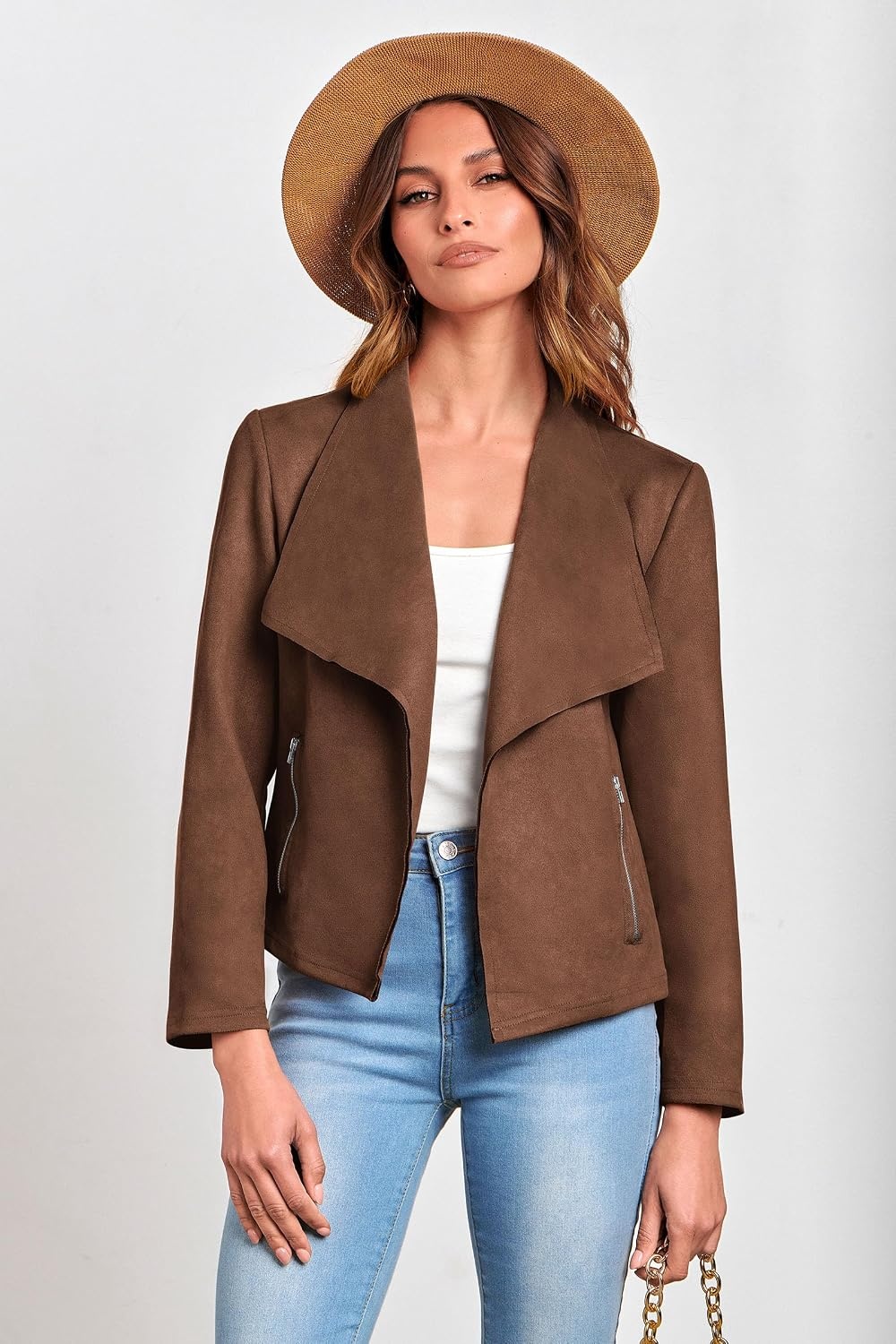 image:imagePRETTYGARDEN Womens Fall Fashion Faux Suede Jackets Long Sleeve Waterfall Collar Open Front Cropped Dressy Casual Jacket with Pockets Trendy Winter Clothes Going Out OutfitsCoffee