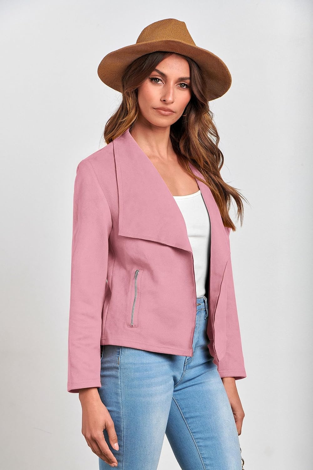 image:imagePRETTYGARDEN Womens Fall Fashion Faux Suede Jackets Long Sleeve Waterfall Collar Open Front Cropped Dressy Casual Jacket with Pockets Trendy Winter Clothes Going Out OutfitsPink