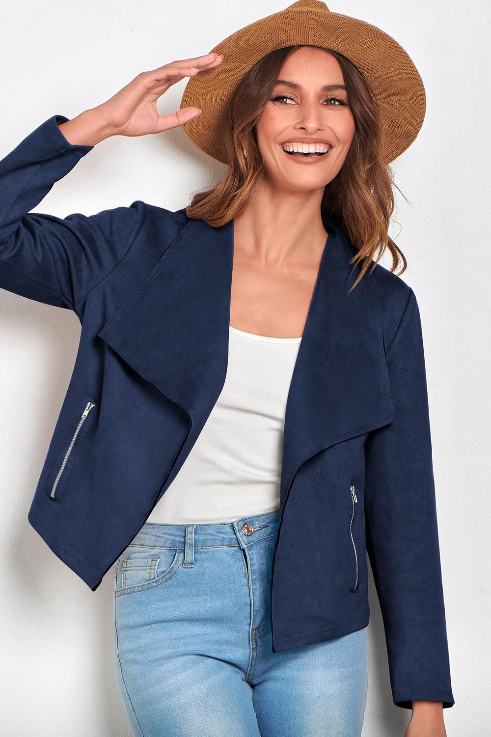 image:imagePRETTYGARDEN Womens Fall Fashion Faux Suede Jackets Long Sleeve Waterfall Collar Open Front Cropped Dressy Casual Jacket with Pockets Trendy Winter Clothes Going Out OutfitsNavy