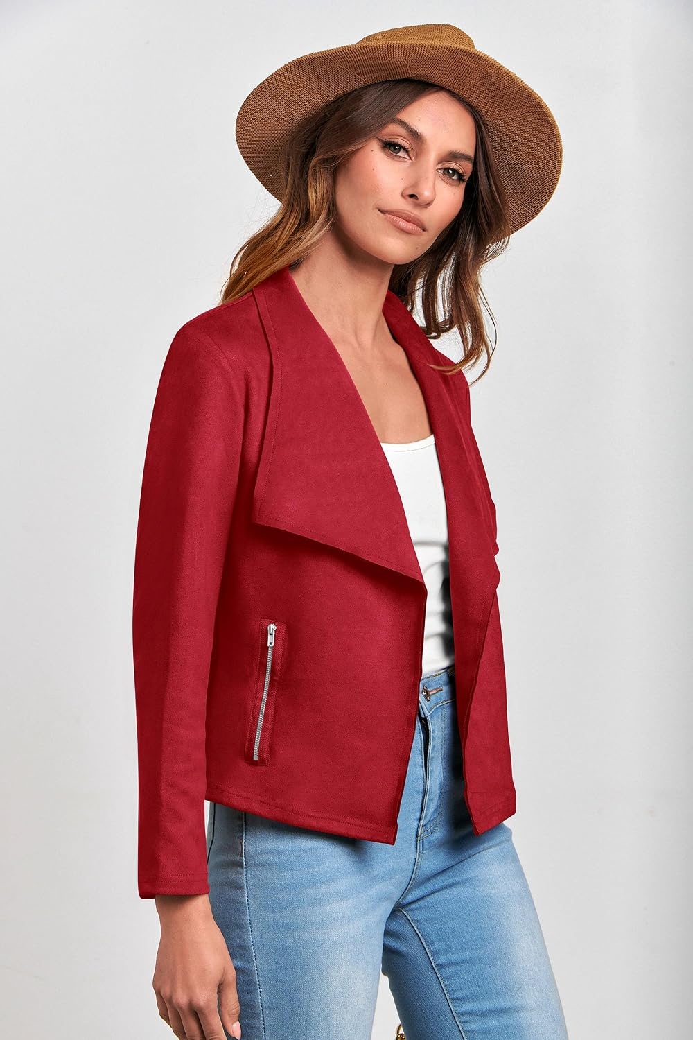 image:imagePRETTYGARDEN Womens Fall Fashion Faux Suede Jackets Long Sleeve Waterfall Collar Open Front Cropped Dressy Casual Jacket with Pockets Trendy Winter Clothes Going Out OutfitsRed