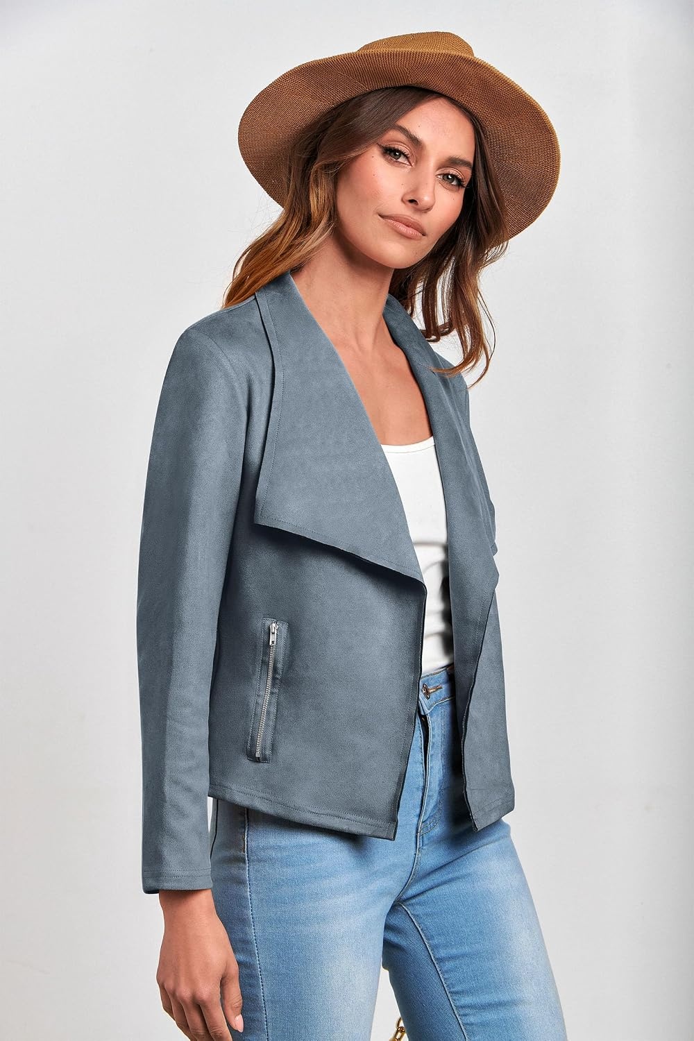 image:imagePRETTYGARDEN Womens Fall Fashion Faux Suede Jackets Long Sleeve Waterfall Collar Open Front Cropped Dressy Casual Jacket with Pockets Trendy Winter Clothes Going Out OutfitsGrey Blue