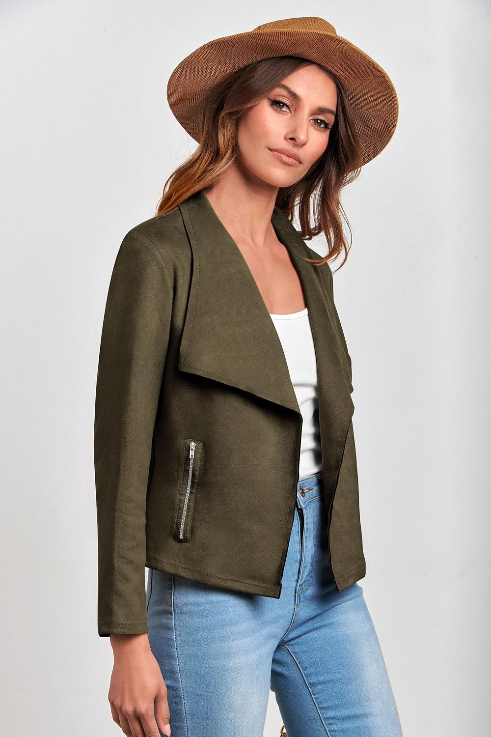 image:imagePRETTYGARDEN Womens Fall Fashion Faux Suede Jackets Long Sleeve Waterfall Collar Open Front Cropped Dressy Casual Jacket with Pockets Trendy Winter Clothes Going Out OutfitsArmy Green