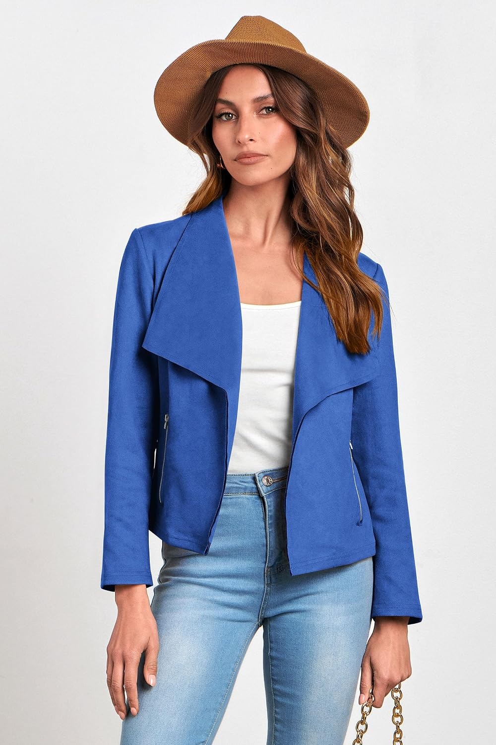 image:imagePRETTYGARDEN Womens Fall Fashion Faux Suede Jackets Long Sleeve Waterfall Collar Open Front Cropped Dressy Casual Jacket with Pockets Trendy Winter Clothes Going Out OutfitsBlue
