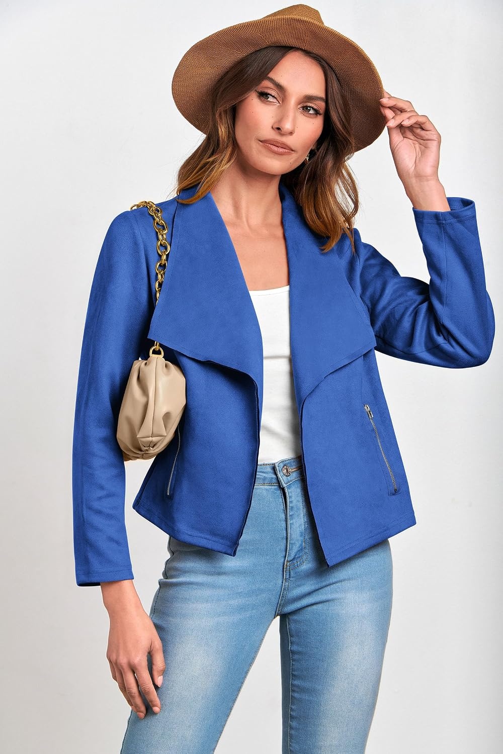 image:imagePRETTYGARDEN Womens Fall Fashion Faux Suede Jackets Long Sleeve Waterfall Collar Open Front Cropped Dressy Casual Jacket with Pockets Trendy Winter Clothes Going Out OutfitsBlue