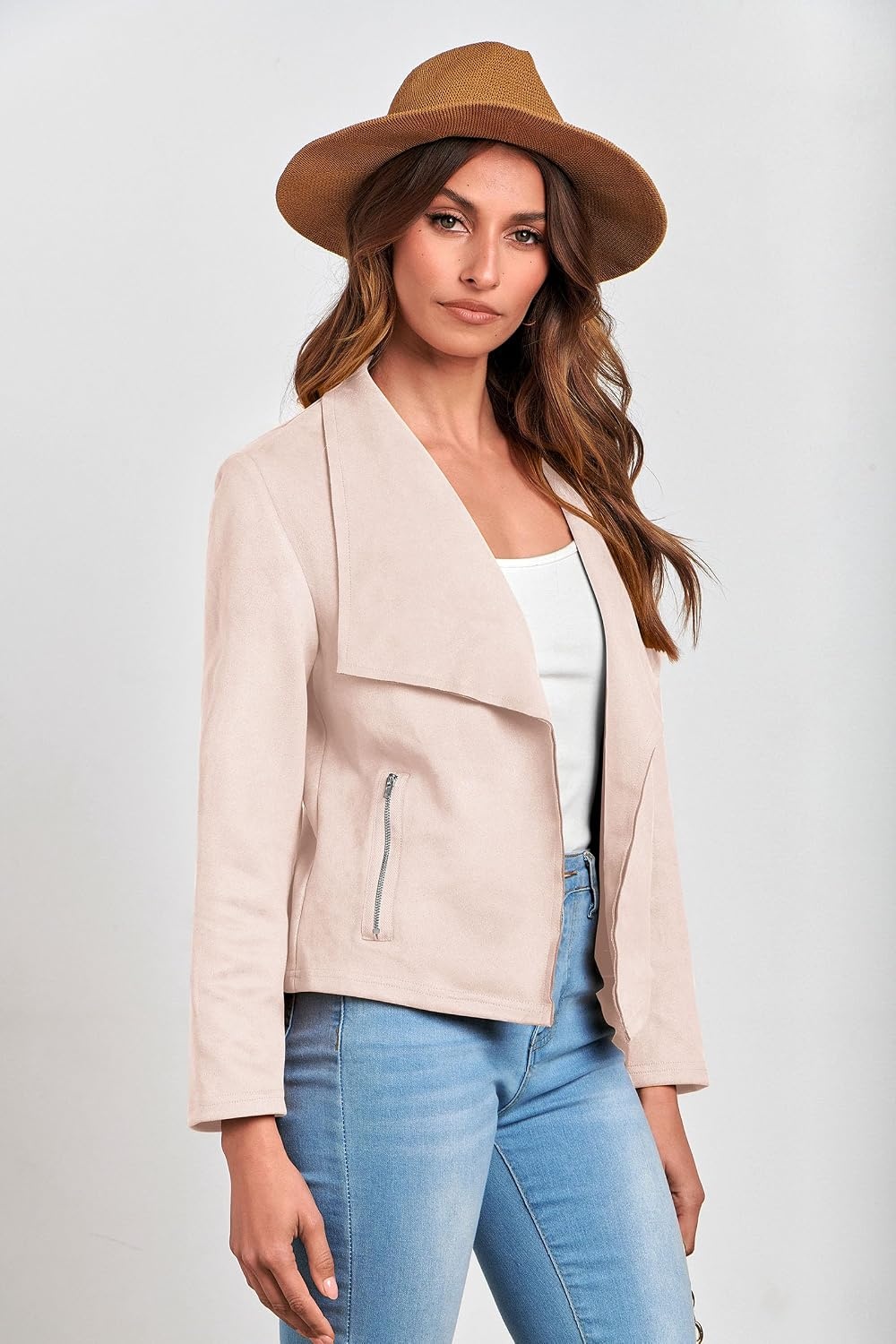 image:imagePRETTYGARDEN Womens Fall Fashion Faux Suede Jackets Long Sleeve Waterfall Collar Open Front Cropped Dressy Casual Jacket with Pockets Trendy Winter Clothes Going Out OutfitsBeige Apricot