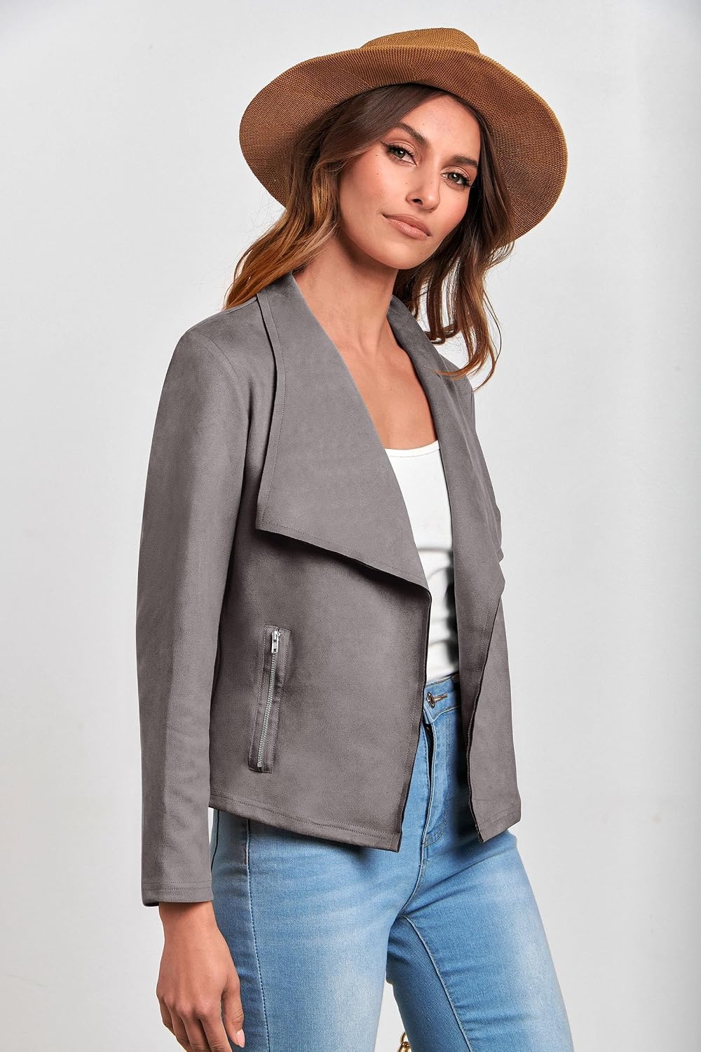 image:imagePRETTYGARDEN Womens Fall Fashion Faux Suede Jackets Long Sleeve Waterfall Collar Open Front Cropped Dressy Casual Jacket with Pockets Trendy Winter Clothes Going Out OutfitsGrey