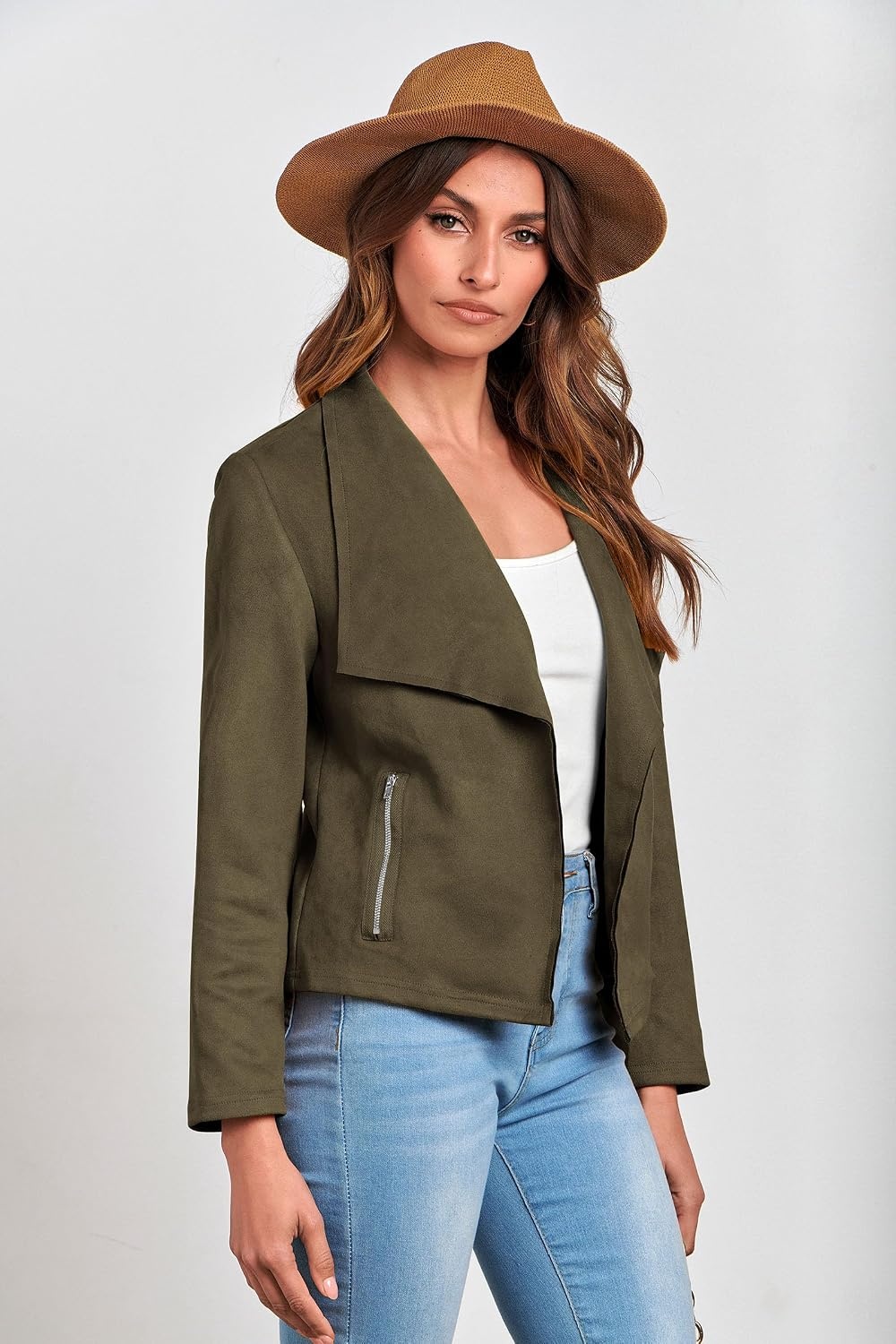 image:imagePRETTYGARDEN Womens Fall Fashion Faux Suede Jackets Long Sleeve Waterfall Collar Open Front Cropped Dressy Casual Jacket with Pockets Trendy Winter Clothes Going Out OutfitsArmy Green