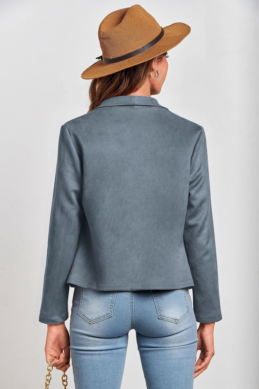 image:imagePRETTYGARDEN Womens Fall Fashion Faux Suede Jackets Long Sleeve Waterfall Collar Open Front Cropped Dressy Casual Jacket with Pockets Trendy Winter Clothes Going Out OutfitsGrey Blue