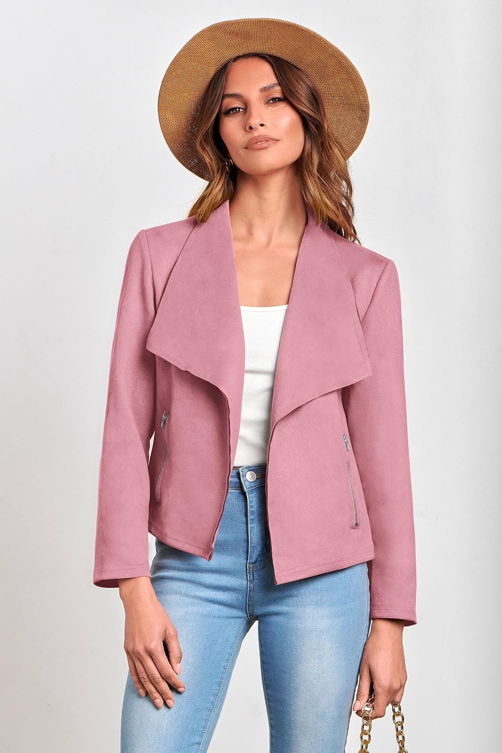 image:imagePRETTYGARDEN Womens Fall Fashion Faux Suede Jackets Long Sleeve Waterfall Collar Open Front Cropped Dressy Casual Jacket with Pockets Trendy Winter Clothes Going Out OutfitsPink