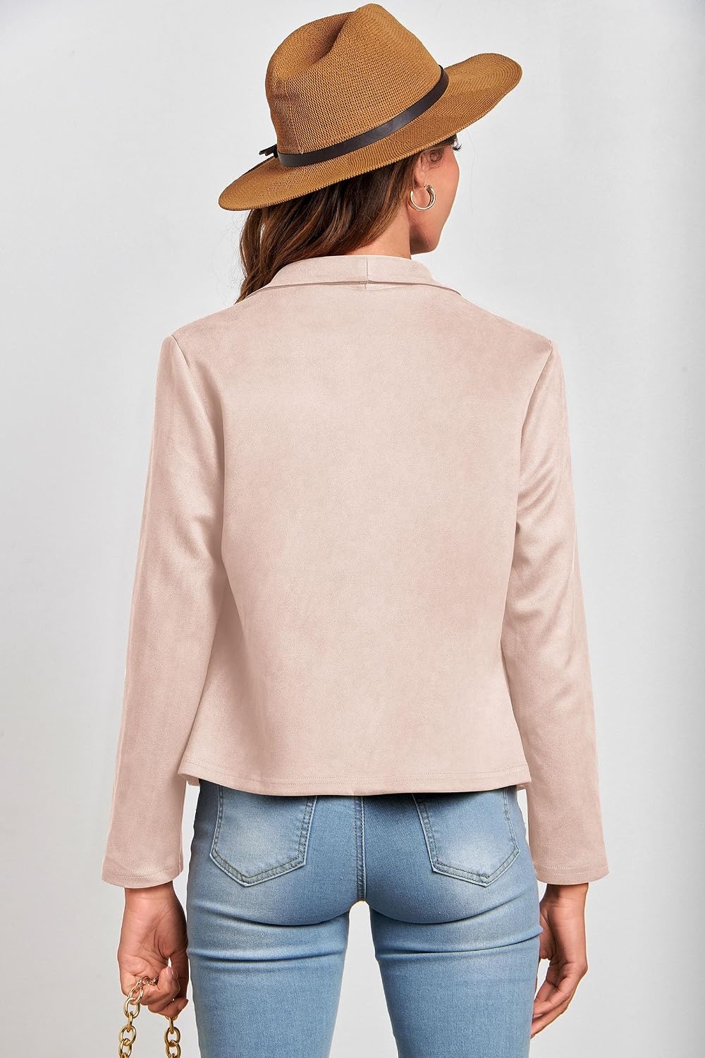 image:imagePRETTYGARDEN Womens Fall Fashion Faux Suede Jackets Long Sleeve Waterfall Collar Open Front Cropped Dressy Casual Jacket with Pockets Trendy Winter Clothes Going Out OutfitsBeige Apricot