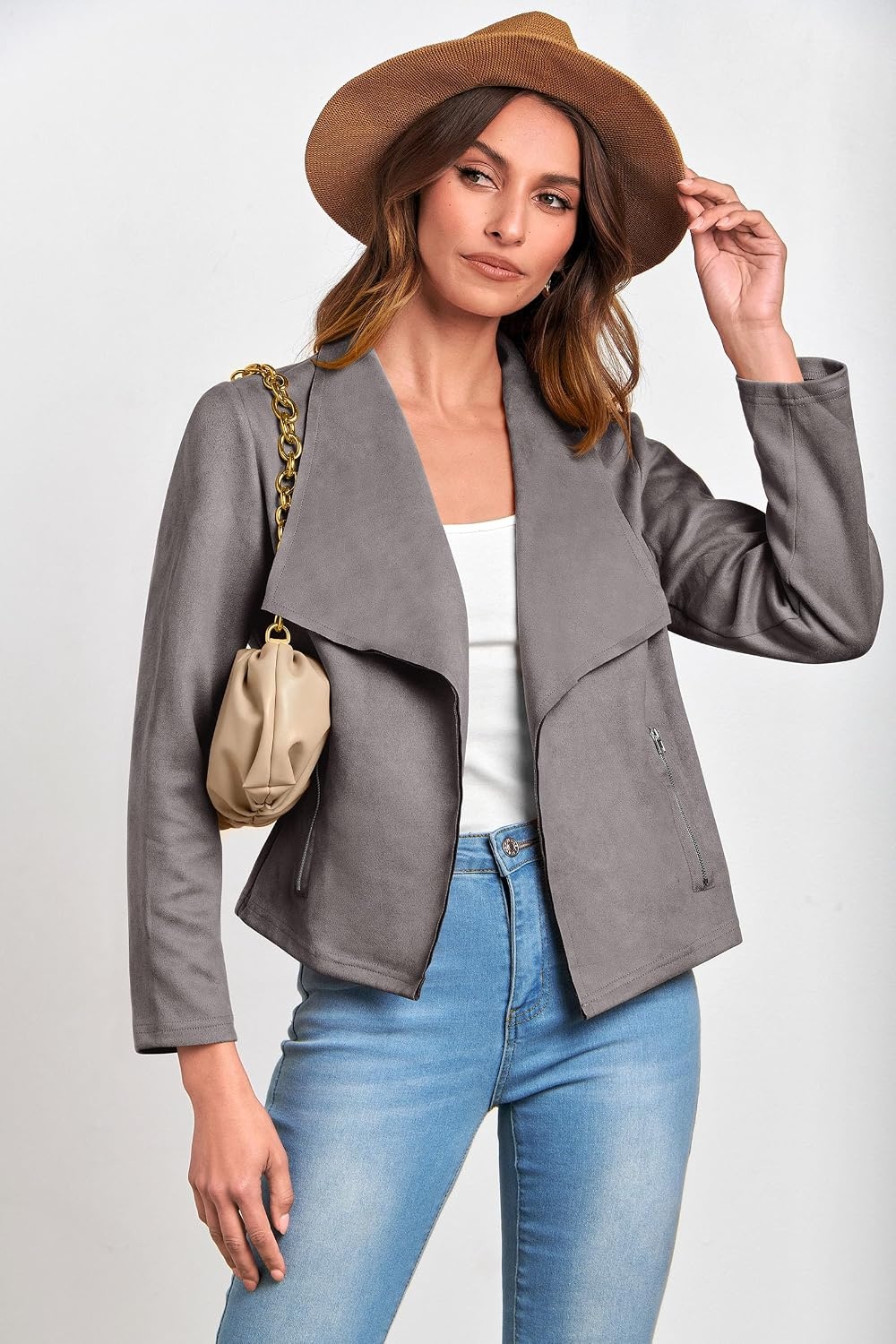 image:imagePRETTYGARDEN Womens Fall Fashion Faux Suede Jackets Long Sleeve Waterfall Collar Open Front Cropped Dressy Casual Jacket with Pockets Trendy Winter Clothes Going Out OutfitsGrey