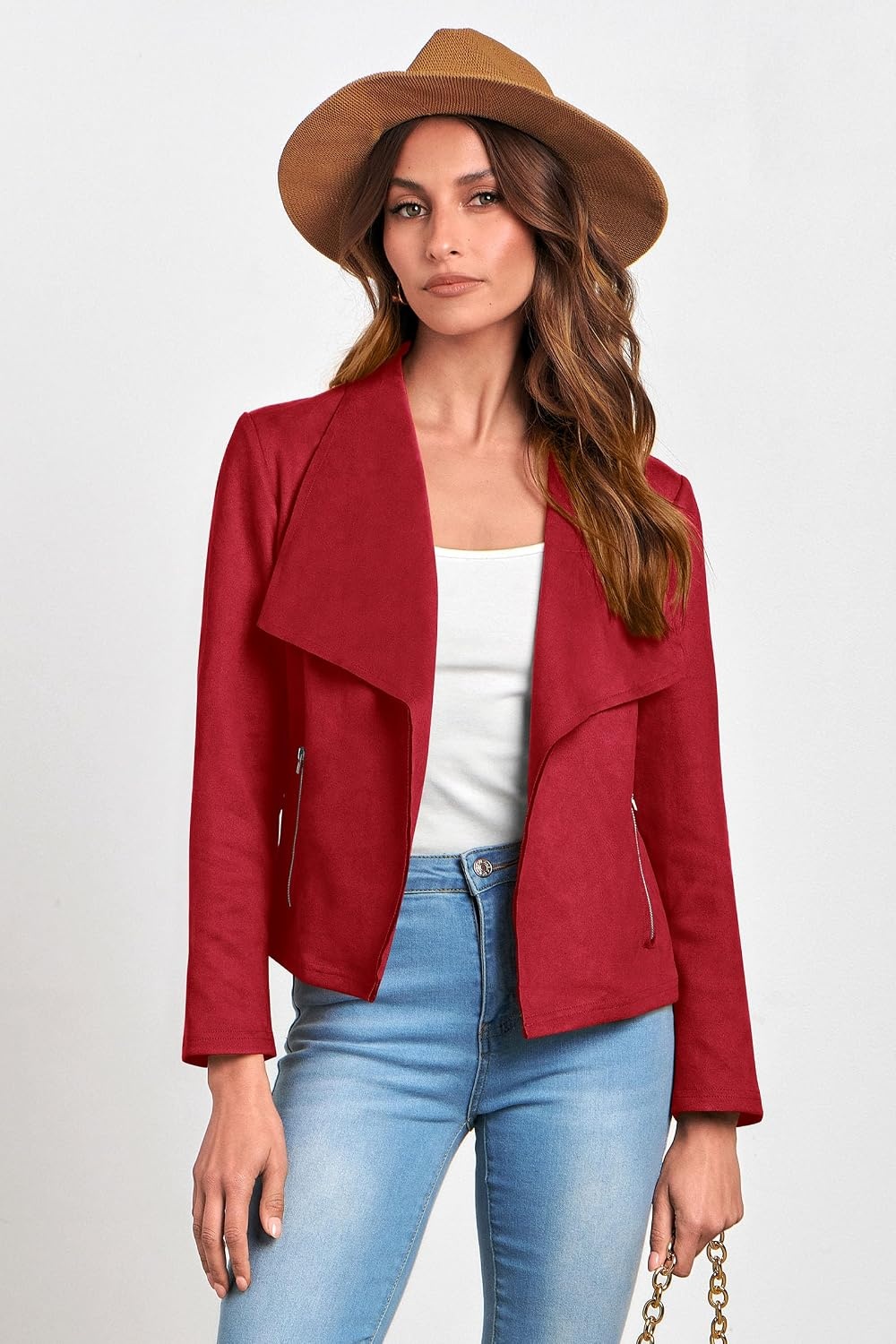 image:imagePRETTYGARDEN Womens Fall Fashion Faux Suede Jackets Long Sleeve Waterfall Collar Open Front Cropped Dressy Casual Jacket with Pockets Trendy Winter Clothes Going Out OutfitsRed