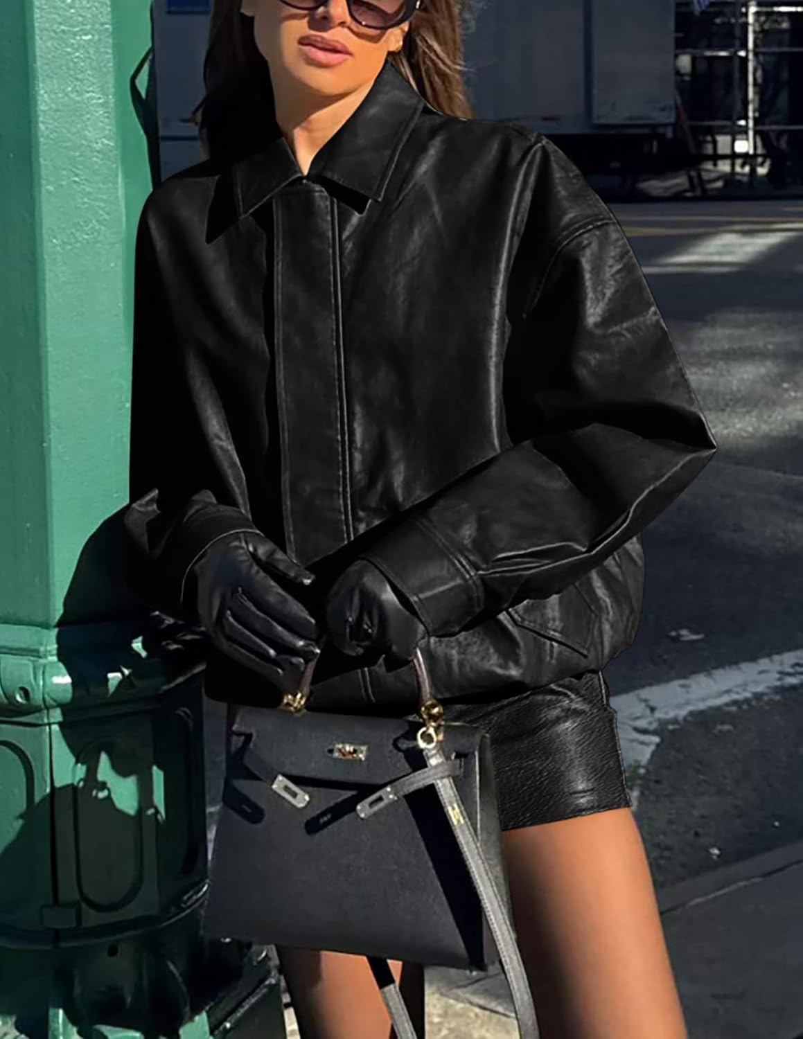 image:imagePRETTYGARDEN Womens Faux Leather Motorcycle Jackets Trendy Fall Spring Clothes Long Sleeve Collared Zip Up Buttons Loose Fit Oversized Jacket Winter Coats Going Out OutfitsBlack