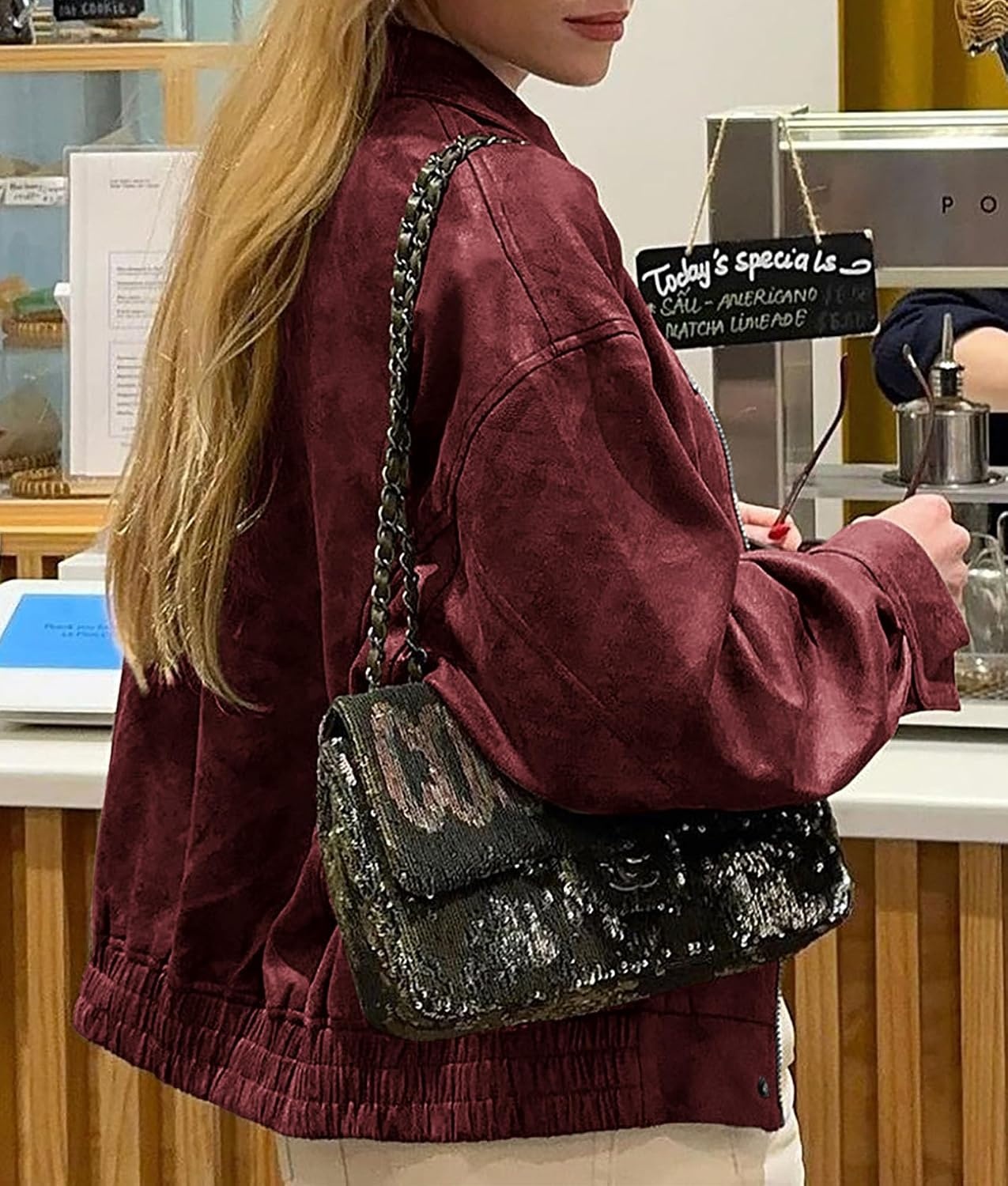 image:imagePRETTYGARDEN Womens Faux Leather Motorcycle Jackets Trendy Fall Spring Clothes Long Sleeve Collared Zip Up Buttons Loose Fit Oversized Jacket Winter Coats Going Out OutfitsStyle2wine Red