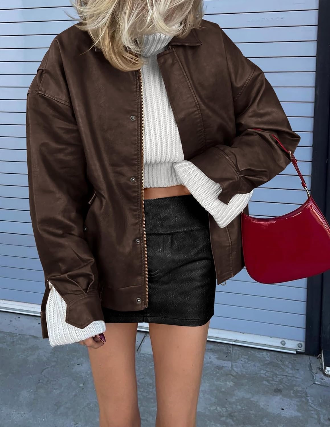 image:imagePRETTYGARDEN Womens Faux Leather Motorcycle Jackets Trendy Fall Spring Clothes Long Sleeve Collared Zip Up Buttons Loose Fit Oversized Jacket Winter Coats Going Out OutfitsDark Coffee