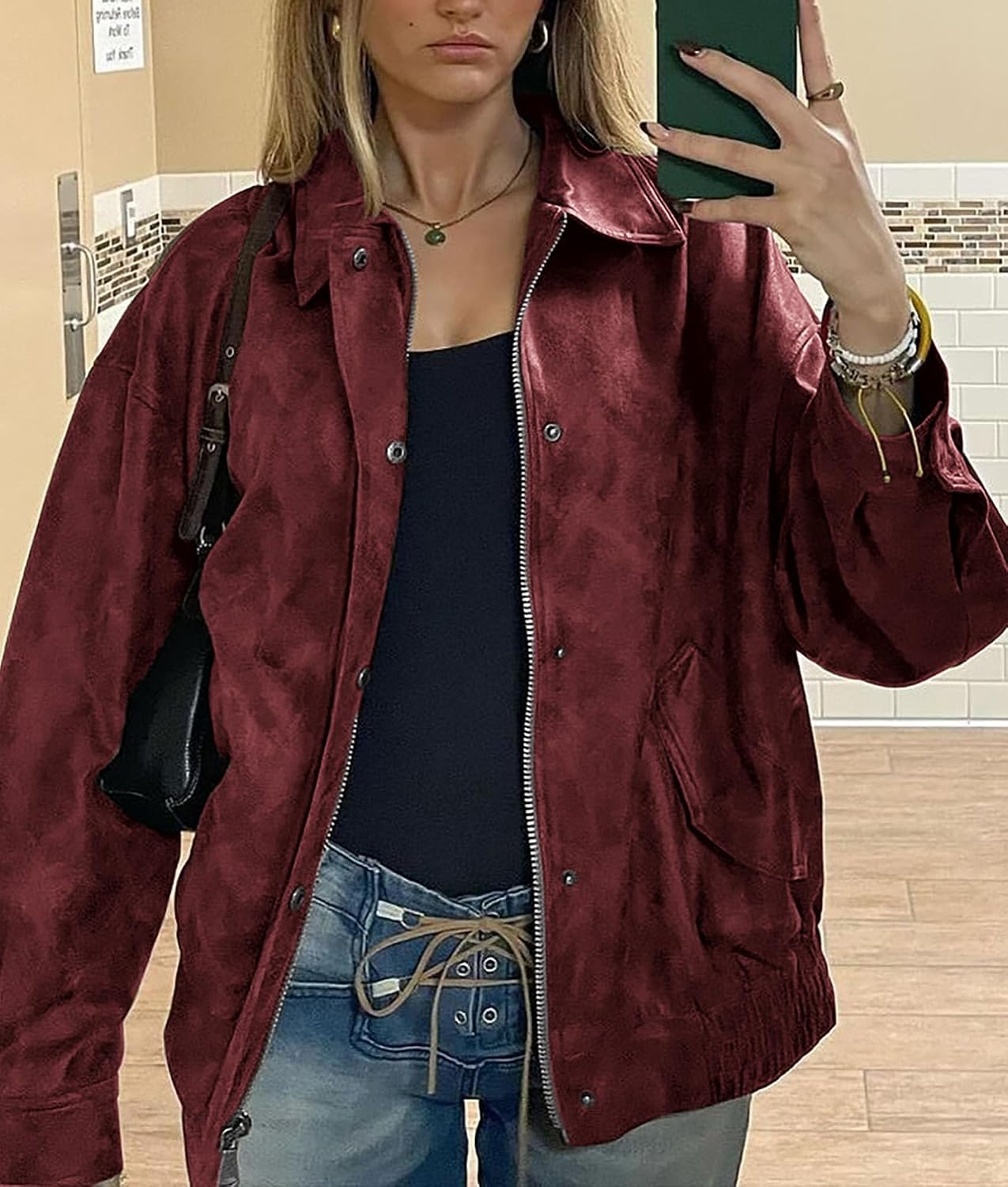 image:imagePRETTYGARDEN Womens Faux Leather Motorcycle Jackets Trendy Fall Spring Clothes Long Sleeve Collared Zip Up Buttons Loose Fit Oversized Jacket Winter Coats Going Out OutfitsStyle2wine Red