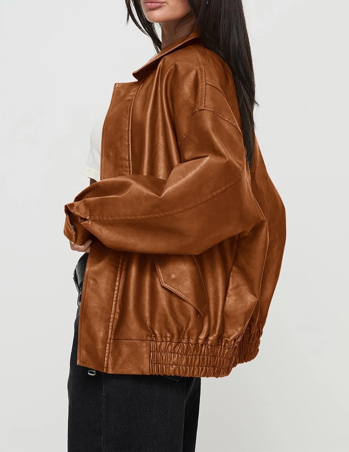 image:imagePRETTYGARDEN Womens Faux Leather Motorcycle Jackets Trendy Fall Spring Clothes Long Sleeve Collared Zip Up Buttons Loose Fit Oversized Jacket Winter Coats Going Out OutfitsBrown