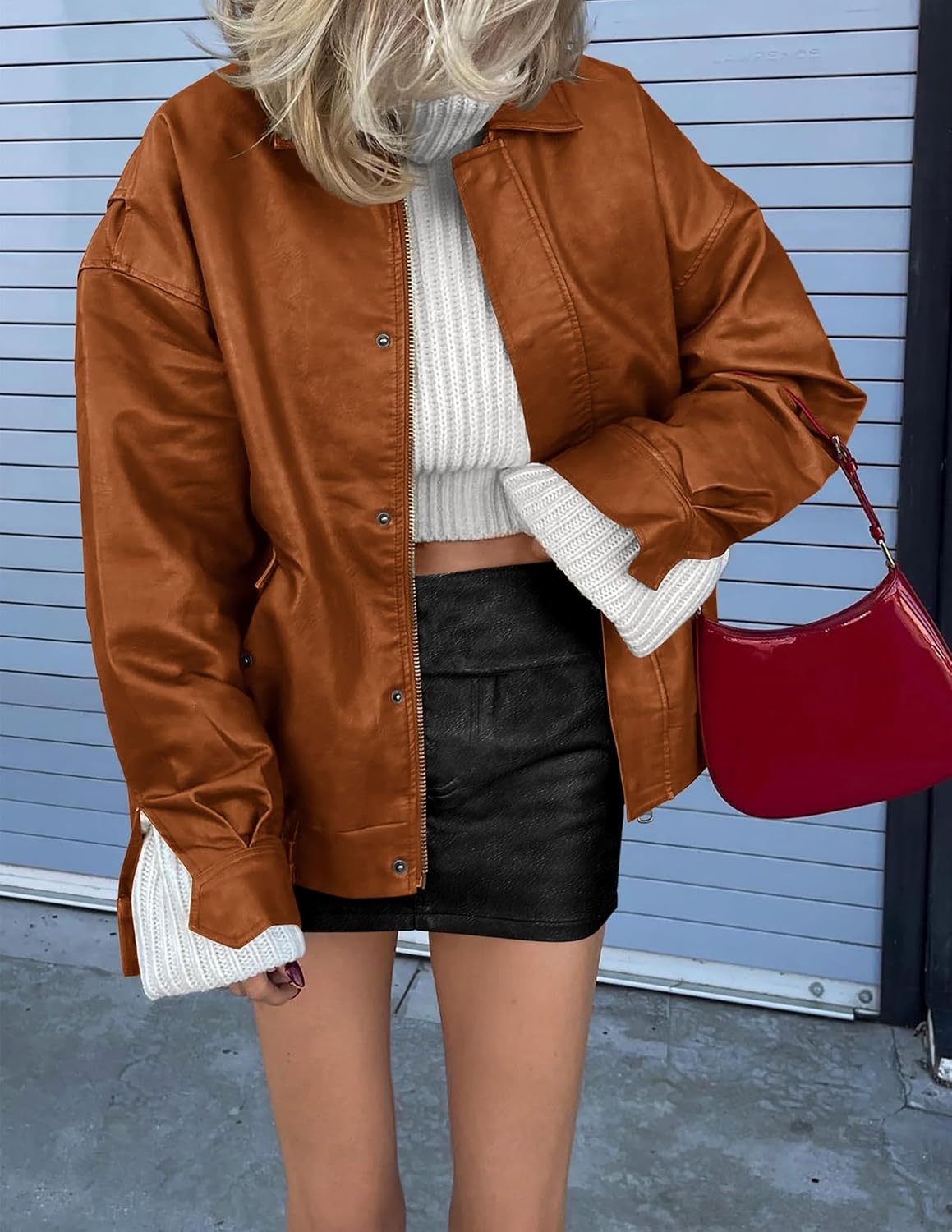 image:imagePRETTYGARDEN Womens Faux Leather Motorcycle Jackets Trendy Fall Spring Clothes Long Sleeve Collared Zip Up Buttons Loose Fit Oversized Jacket Winter Coats Going Out OutfitsBrown
