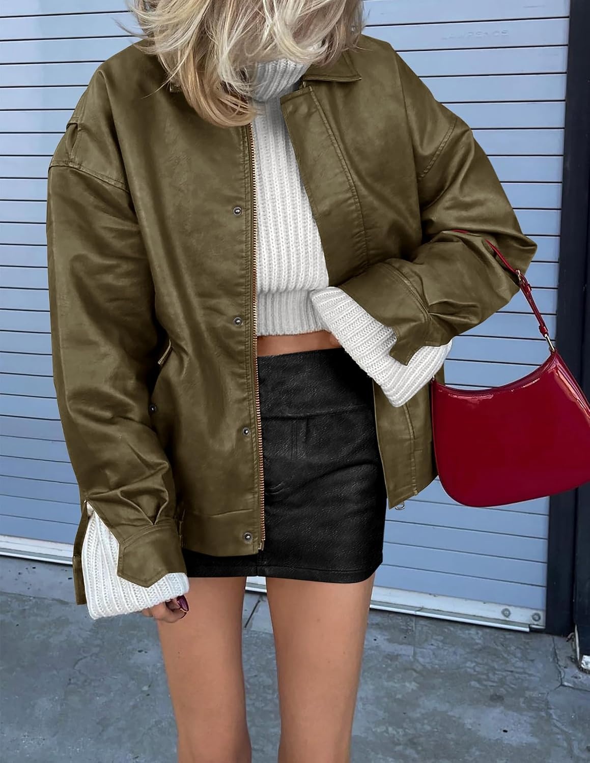 image:imagePRETTYGARDEN Womens Faux Leather Motorcycle Jackets Trendy Fall Spring Clothes Long Sleeve Collared Zip Up Buttons Loose Fit Oversized Jacket Winter Coats Going Out OutfitsArmy Green