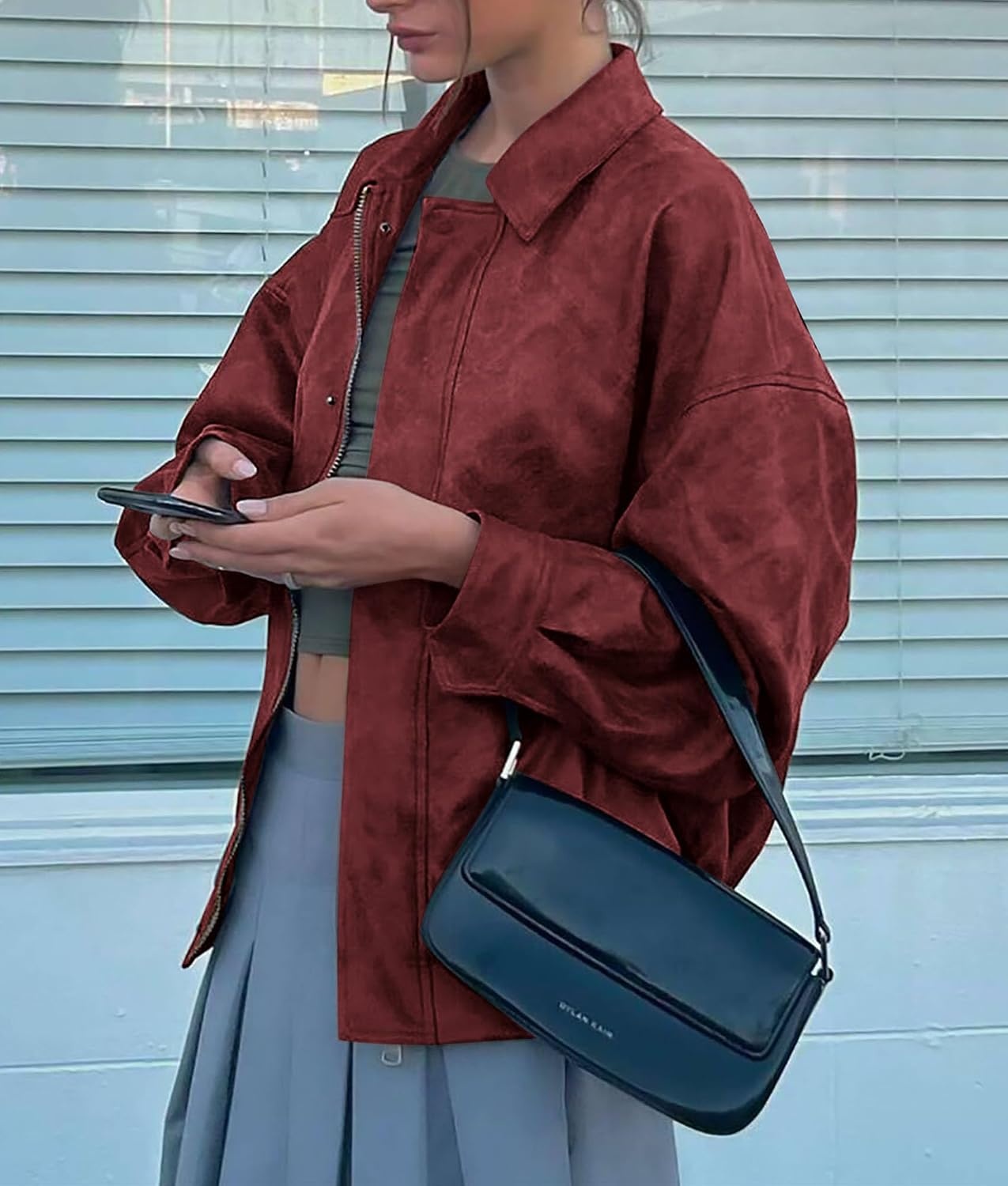image:imagePRETTYGARDEN Womens Faux Leather Motorcycle Jackets Trendy Fall Spring Clothes Long Sleeve Collared Zip Up Buttons Loose Fit Oversized Jacket Winter Coats Going Out OutfitsStyle2wine Red