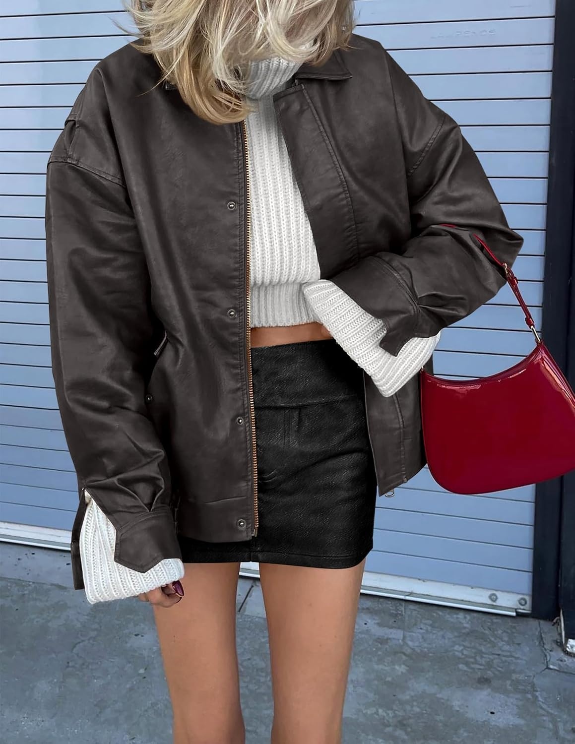 image:imagePRETTYGARDEN Womens Faux Leather Motorcycle Jackets Trendy Fall Spring Clothes Long Sleeve Collared Zip Up Buttons Loose Fit Oversized Jacket Winter Coats Going Out OutfitsGrey