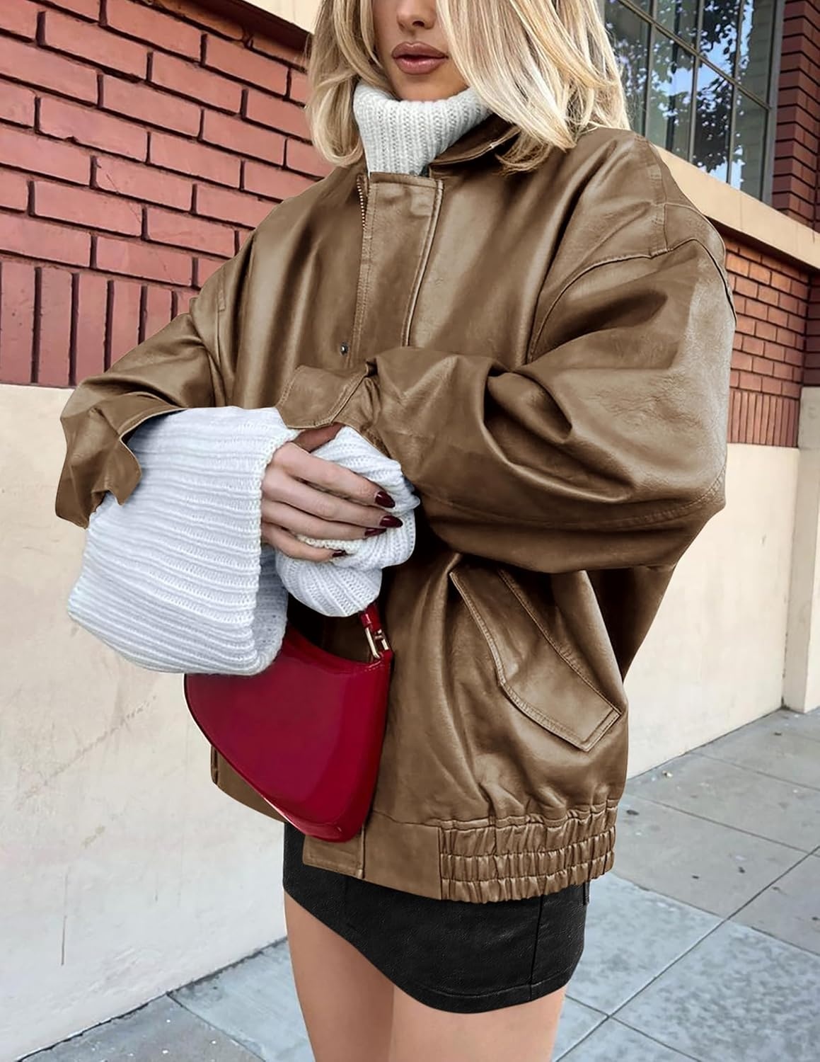 image:imagePRETTYGARDEN Womens Faux Leather Motorcycle Jackets Trendy Fall Spring Clothes Long Sleeve Collared Zip Up Buttons Loose Fit Oversized Jacket Winter Coats Going Out OutfitsKhaki