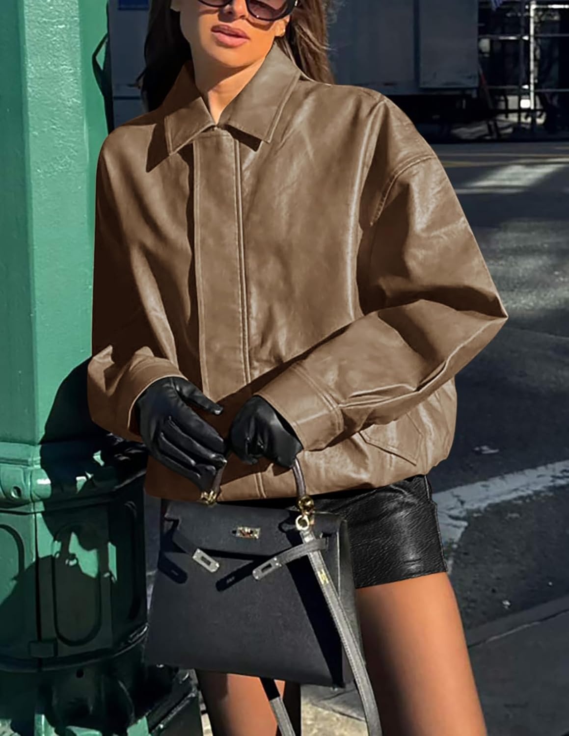image:imagePRETTYGARDEN Womens Faux Leather Motorcycle Jackets Trendy Fall Spring Clothes Long Sleeve Collared Zip Up Buttons Loose Fit Oversized Jacket Winter Coats Going Out OutfitsKhaki