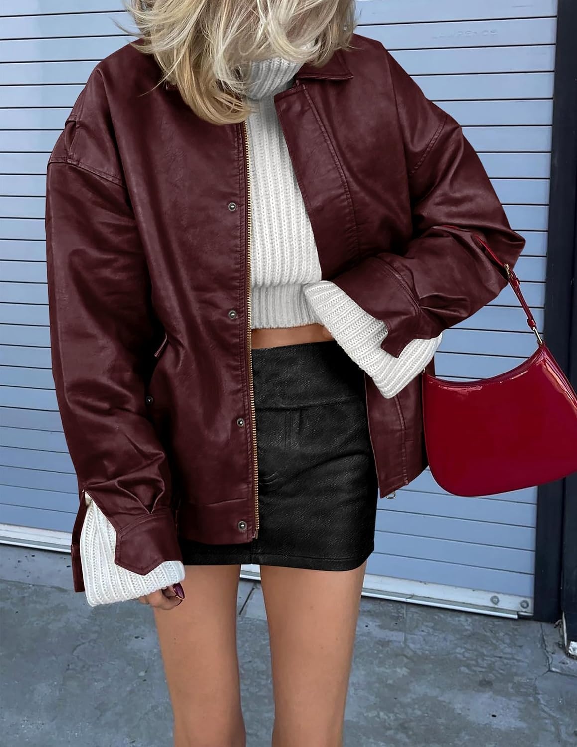 image:imagePRETTYGARDEN Womens Faux Leather Motorcycle Jackets Trendy Fall Spring Clothes Long Sleeve Collared Zip Up Buttons Loose Fit Oversized Jacket Winter Coats Going Out OutfitsWine Red