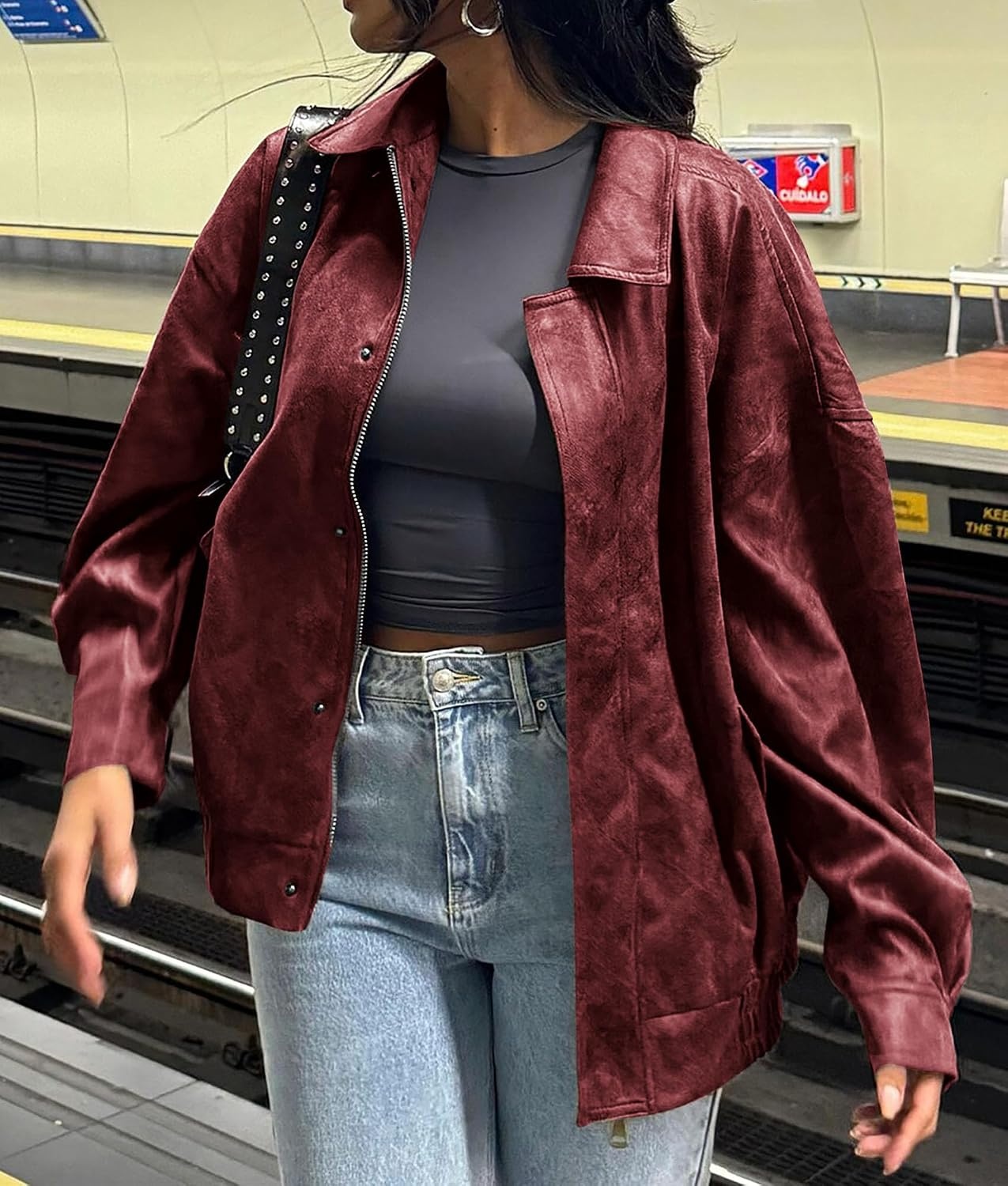 image:imagePRETTYGARDEN Womens Faux Leather Motorcycle Jackets Trendy Fall Spring Clothes Long Sleeve Collared Zip Up Buttons Loose Fit Oversized Jacket Winter Coats Going Out OutfitsStyle2wine Red