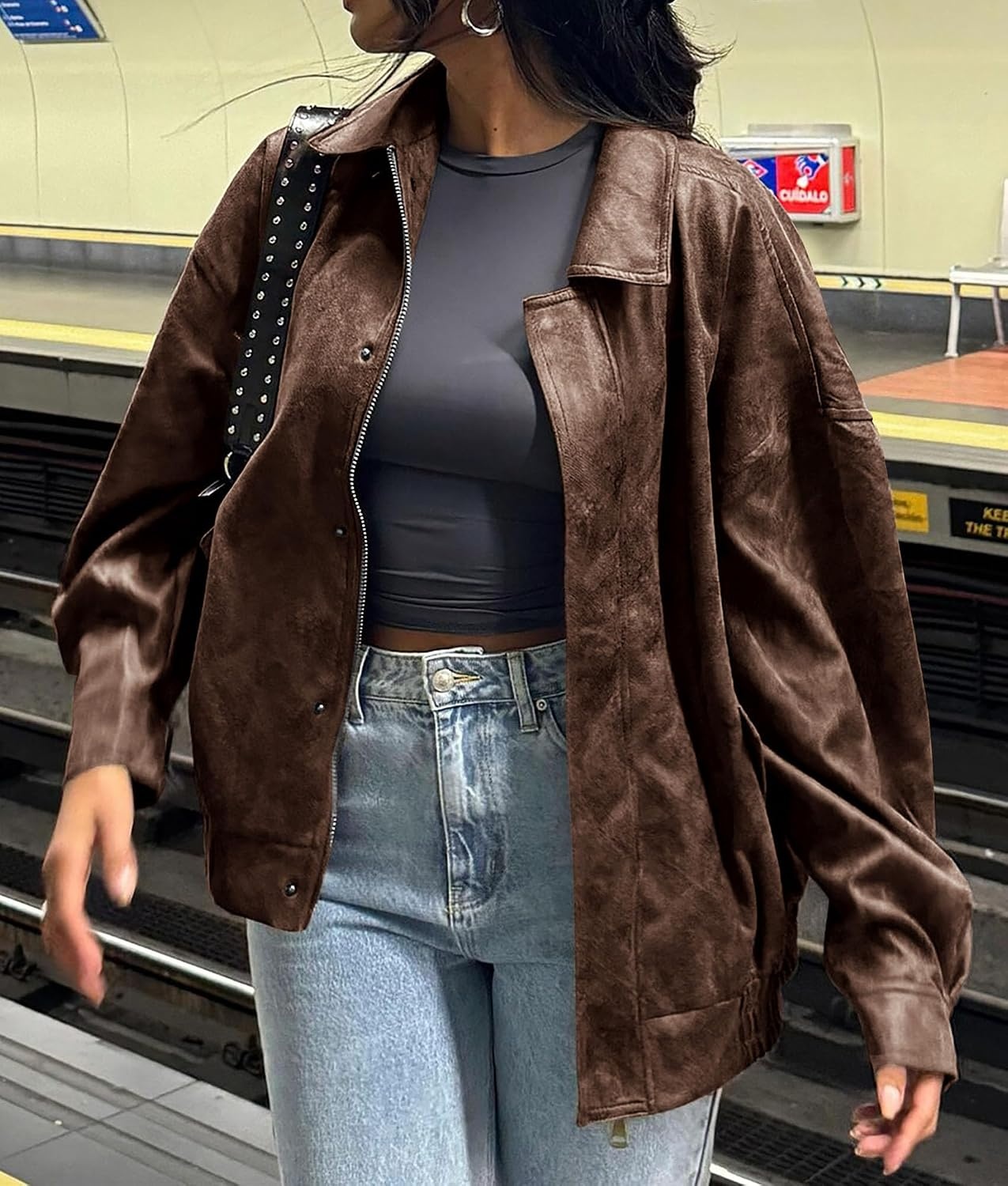 image:imagePRETTYGARDEN Womens Faux Leather Motorcycle Jackets Trendy Fall Spring Clothes Long Sleeve Collared Zip Up Buttons Loose Fit Oversized Jacket Winter Coats Going Out OutfitsStyle2brown