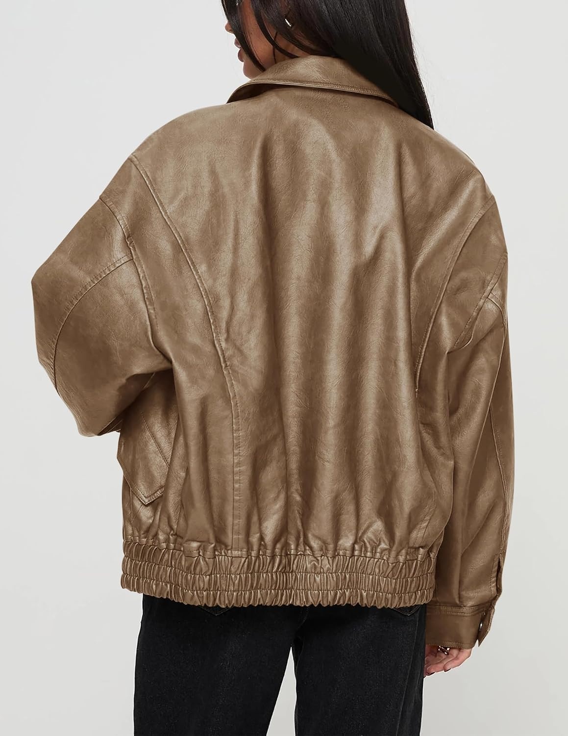 image:imagePRETTYGARDEN Womens Faux Leather Motorcycle Jackets Trendy Fall Spring Clothes Long Sleeve Collared Zip Up Buttons Loose Fit Oversized Jacket Winter Coats Going Out OutfitsKhaki