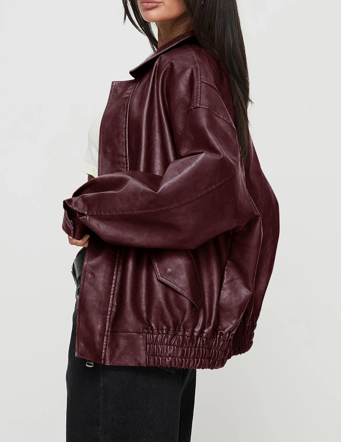 image:imagePRETTYGARDEN Womens Faux Leather Motorcycle Jackets Trendy Fall Spring Clothes Long Sleeve Collared Zip Up Buttons Loose Fit Oversized Jacket Winter Coats Going Out OutfitsWine Red
