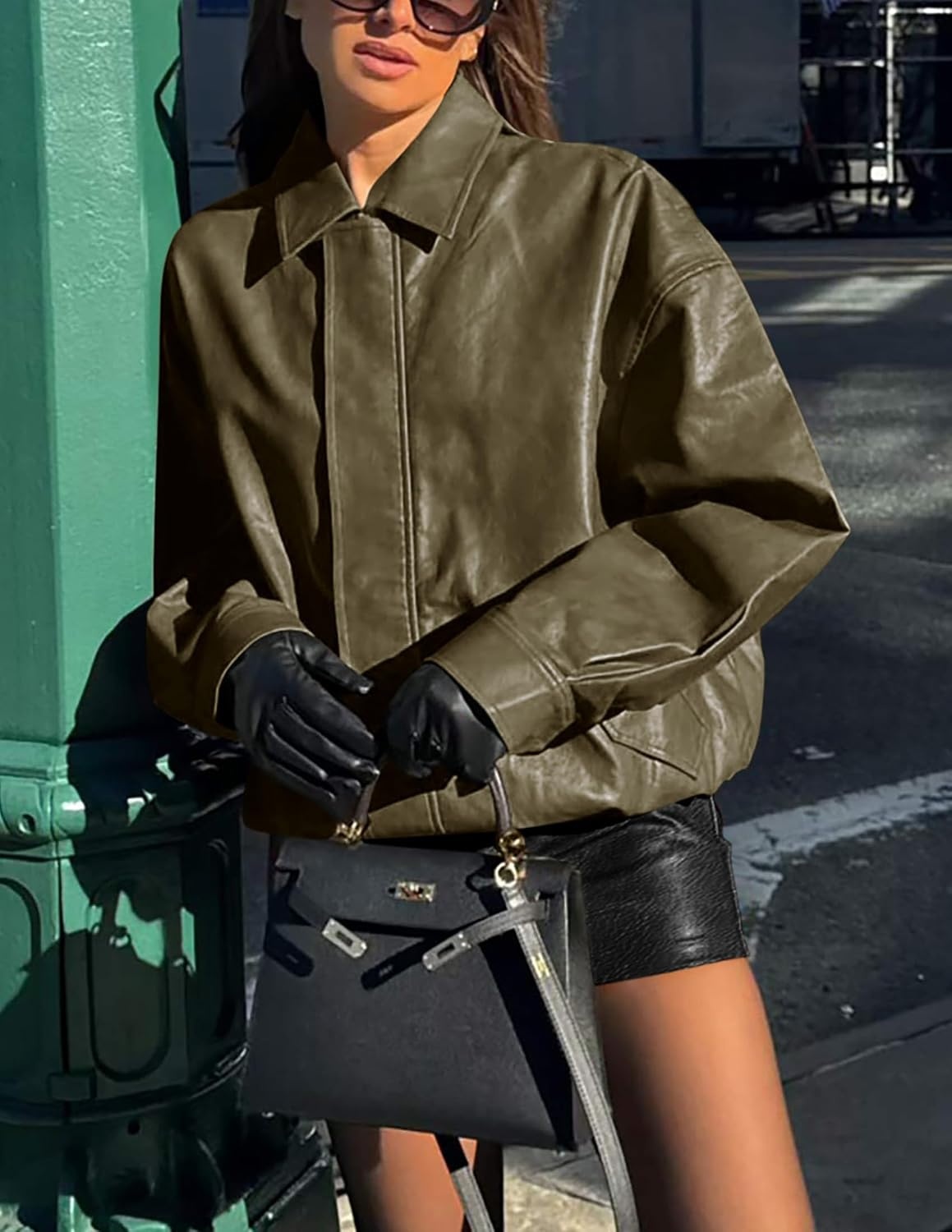 image:imagePRETTYGARDEN Womens Faux Leather Motorcycle Jackets Trendy Fall Spring Clothes Long Sleeve Collared Zip Up Buttons Loose Fit Oversized Jacket Winter Coats Going Out OutfitsArmy Green