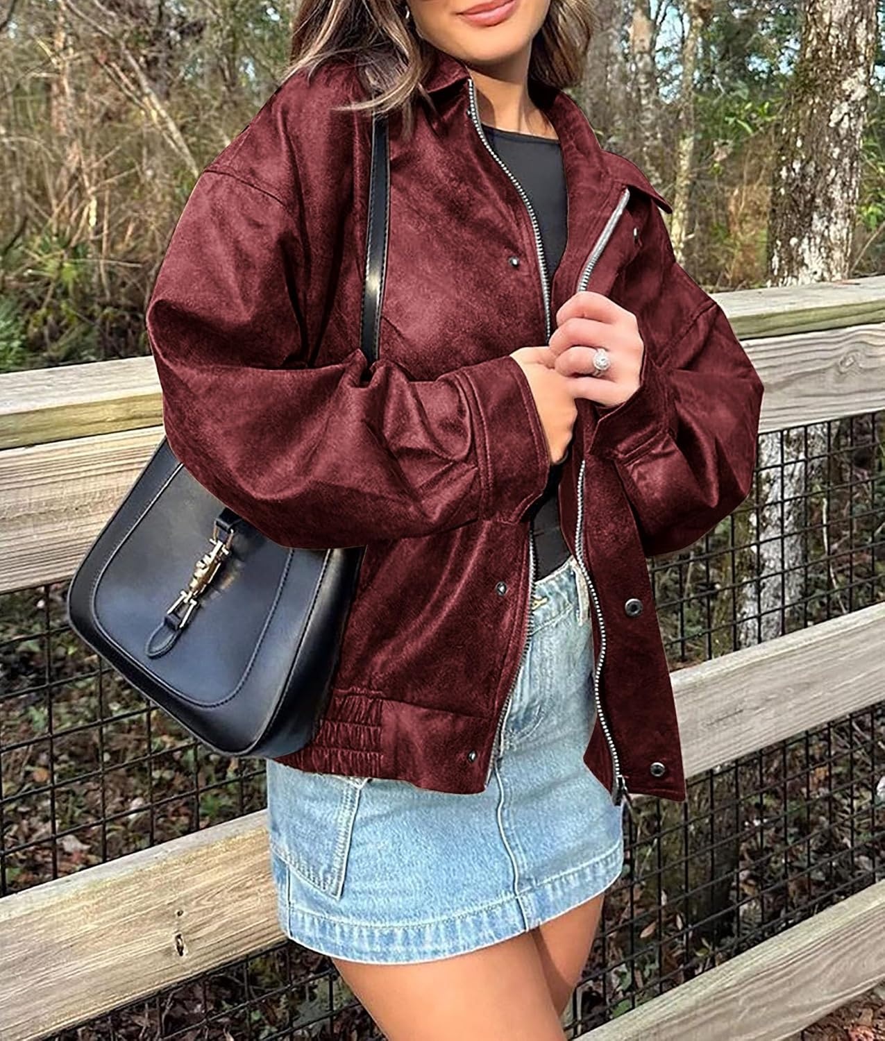 image:imagePRETTYGARDEN Womens Faux Leather Motorcycle Jackets Trendy Fall Spring Clothes Long Sleeve Collared Zip Up Buttons Loose Fit Oversized Jacket Winter Coats Going Out OutfitsStyle2wine Red