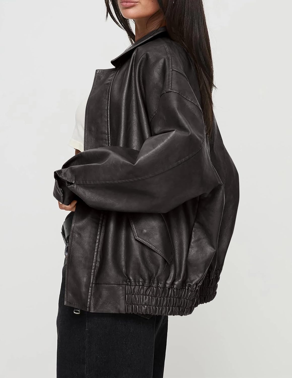 image:imagePRETTYGARDEN Womens Faux Leather Motorcycle Jackets Trendy Fall Spring Clothes Long Sleeve Collared Zip Up Buttons Loose Fit Oversized Jacket Winter Coats Going Out OutfitsGrey