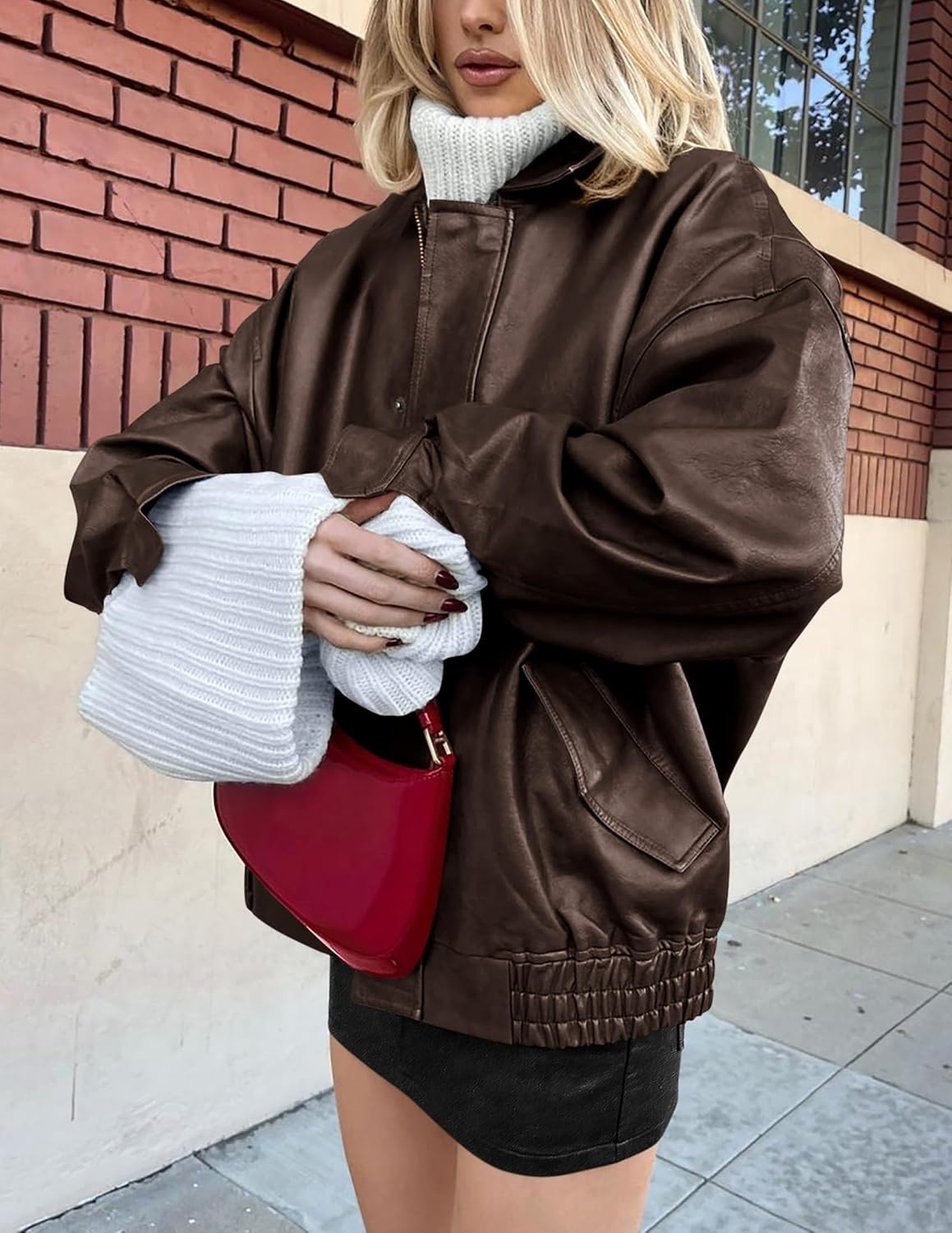 image:imagePRETTYGARDEN Womens Faux Leather Motorcycle Jackets Trendy Fall Spring Clothes Long Sleeve Collared Zip Up Buttons Loose Fit Oversized Jacket Winter Coats Going Out OutfitsDark Coffee