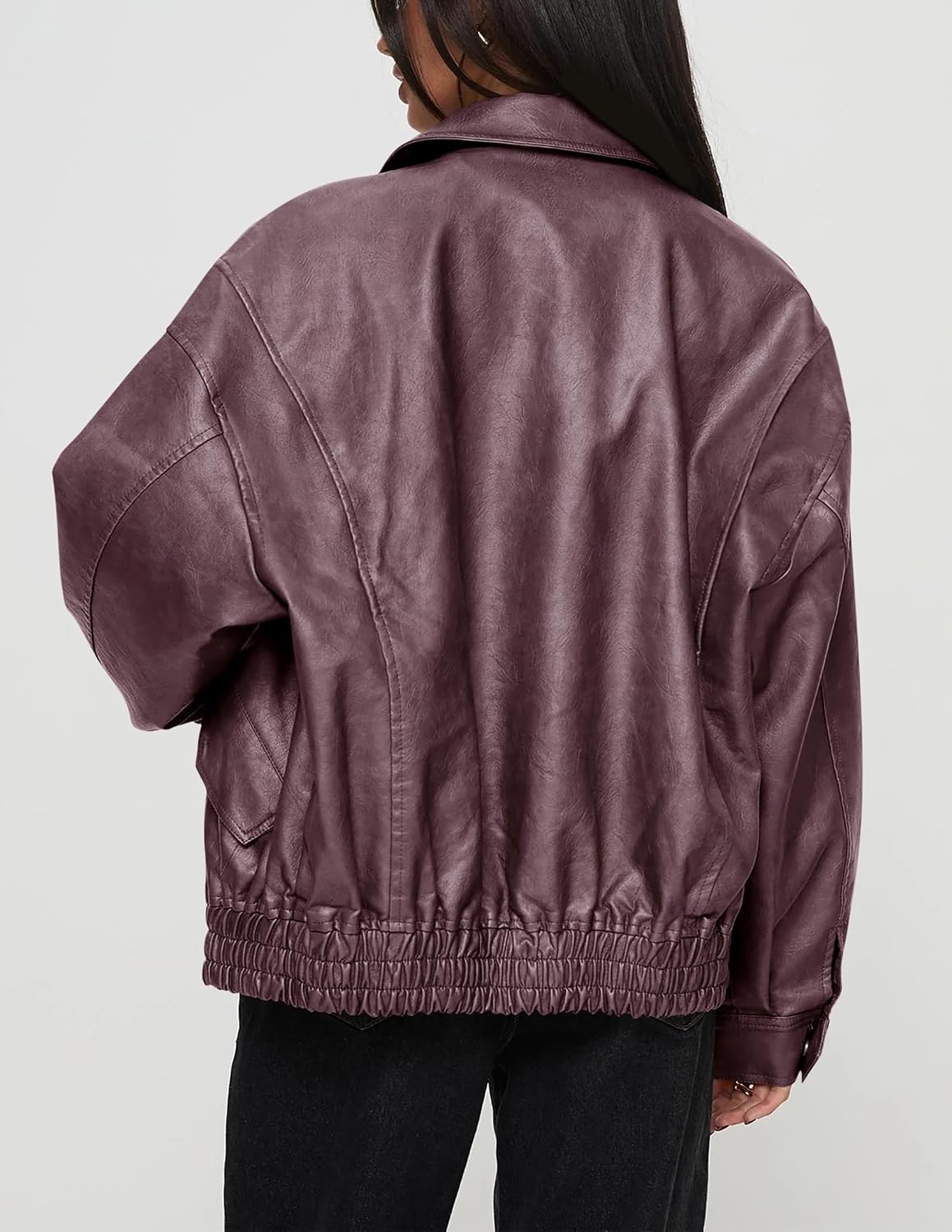 image:imagePRETTYGARDEN Womens Faux Leather Motorcycle Jackets Trendy Fall Spring Clothes Long Sleeve Collared Zip Up Buttons Loose Fit Oversized Jacket Winter Coats Going Out OutfitsPurple