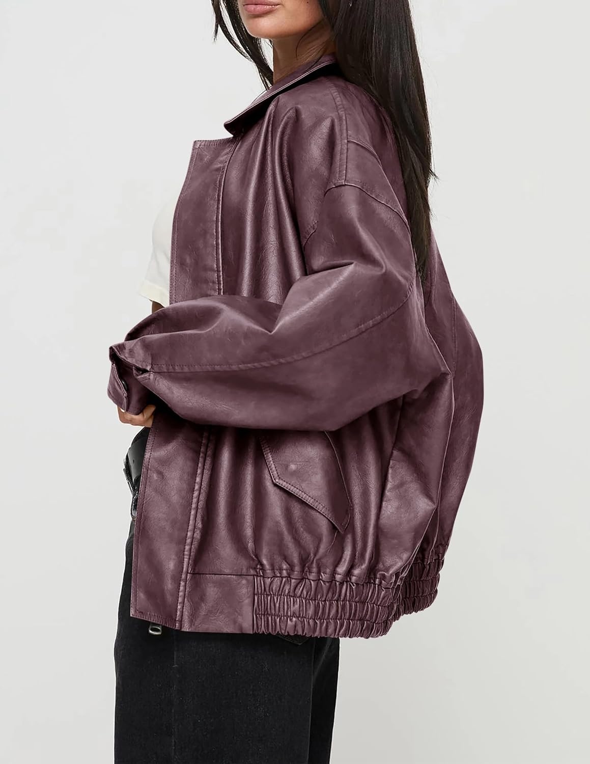 image:imagePRETTYGARDEN Womens Faux Leather Motorcycle Jackets Trendy Fall Spring Clothes Long Sleeve Collared Zip Up Buttons Loose Fit Oversized Jacket Winter Coats Going Out OutfitsPurple
