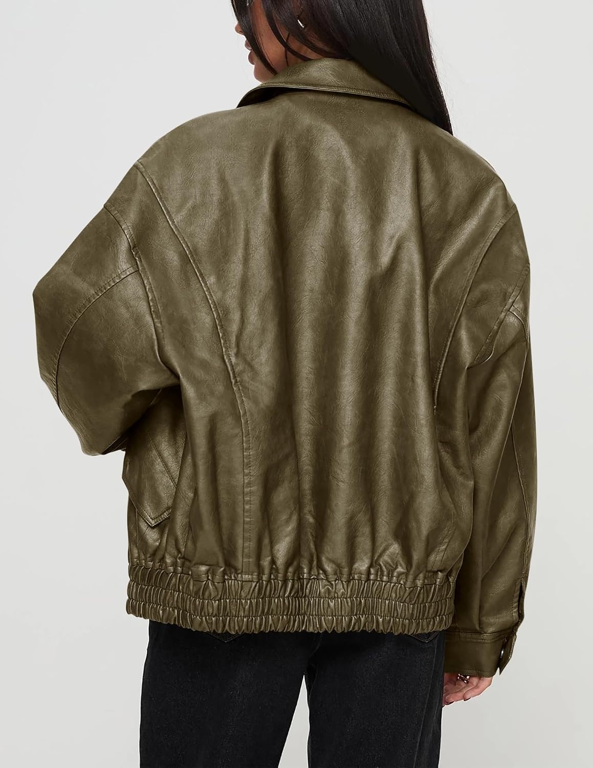 image:imagePRETTYGARDEN Womens Faux Leather Motorcycle Jackets Trendy Fall Spring Clothes Long Sleeve Collared Zip Up Buttons Loose Fit Oversized Jacket Winter Coats Going Out OutfitsArmy Green