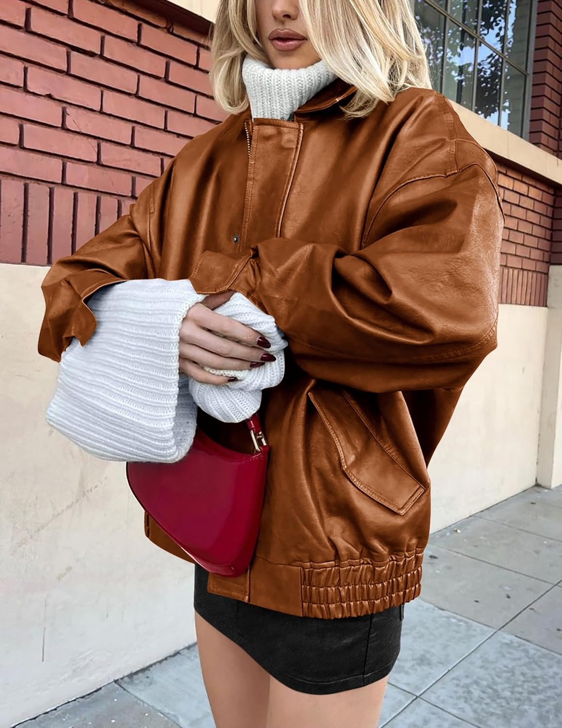 image:imagePRETTYGARDEN Womens Faux Leather Motorcycle Jackets Trendy Fall Spring Clothes Long Sleeve Collared Zip Up Buttons Loose Fit Oversized Jacket Winter Coats Going Out OutfitsBrown