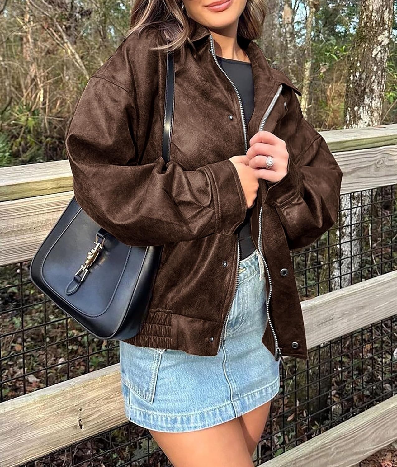 image:imagePRETTYGARDEN Womens Faux Leather Motorcycle Jackets Trendy Fall Spring Clothes Long Sleeve Collared Zip Up Buttons Loose Fit Oversized Jacket Winter Coats Going Out OutfitsStyle2brown