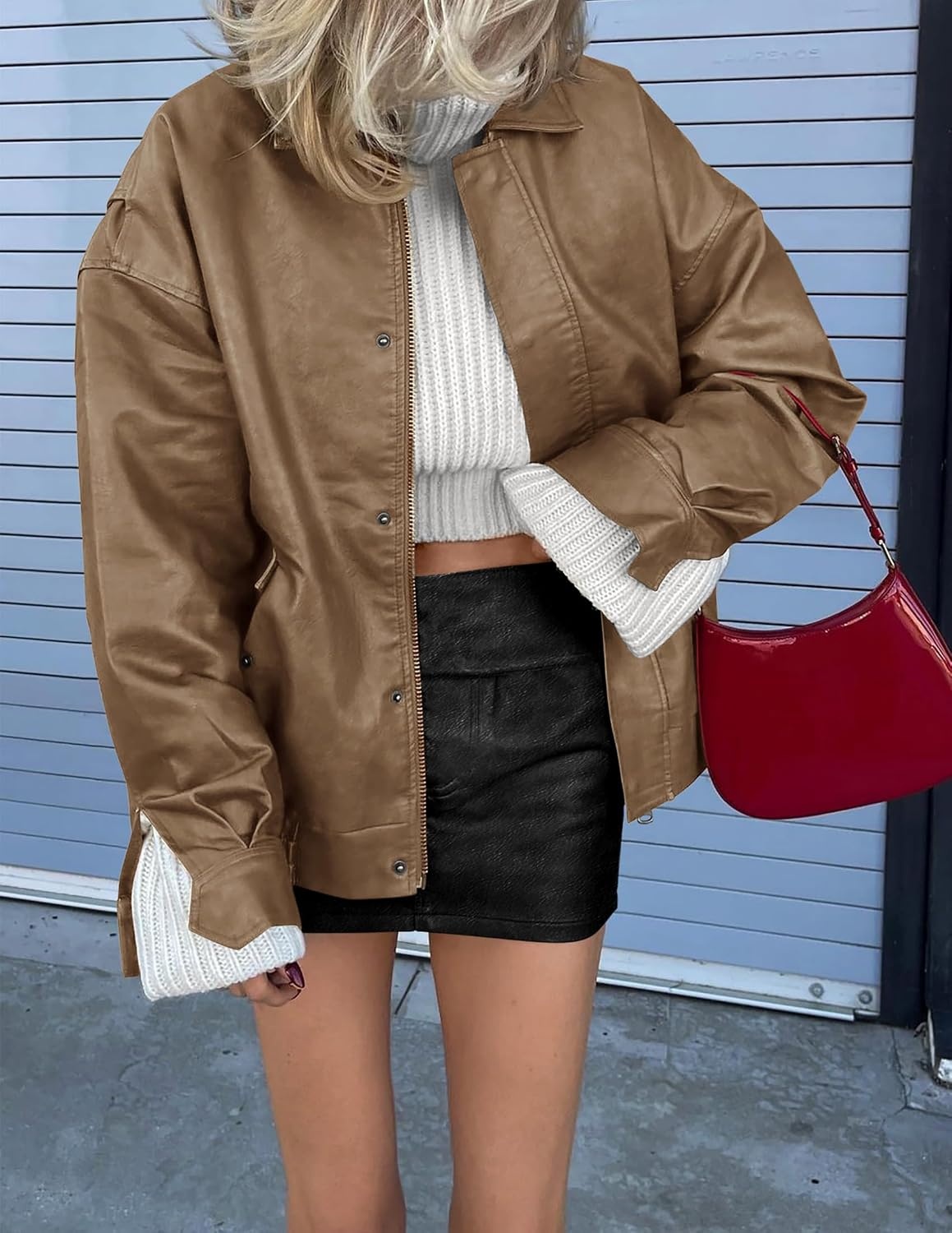 image:imagePRETTYGARDEN Womens Faux Leather Motorcycle Jackets Trendy Fall Spring Clothes Long Sleeve Collared Zip Up Buttons Loose Fit Oversized Jacket Winter Coats Going Out OutfitsKhaki