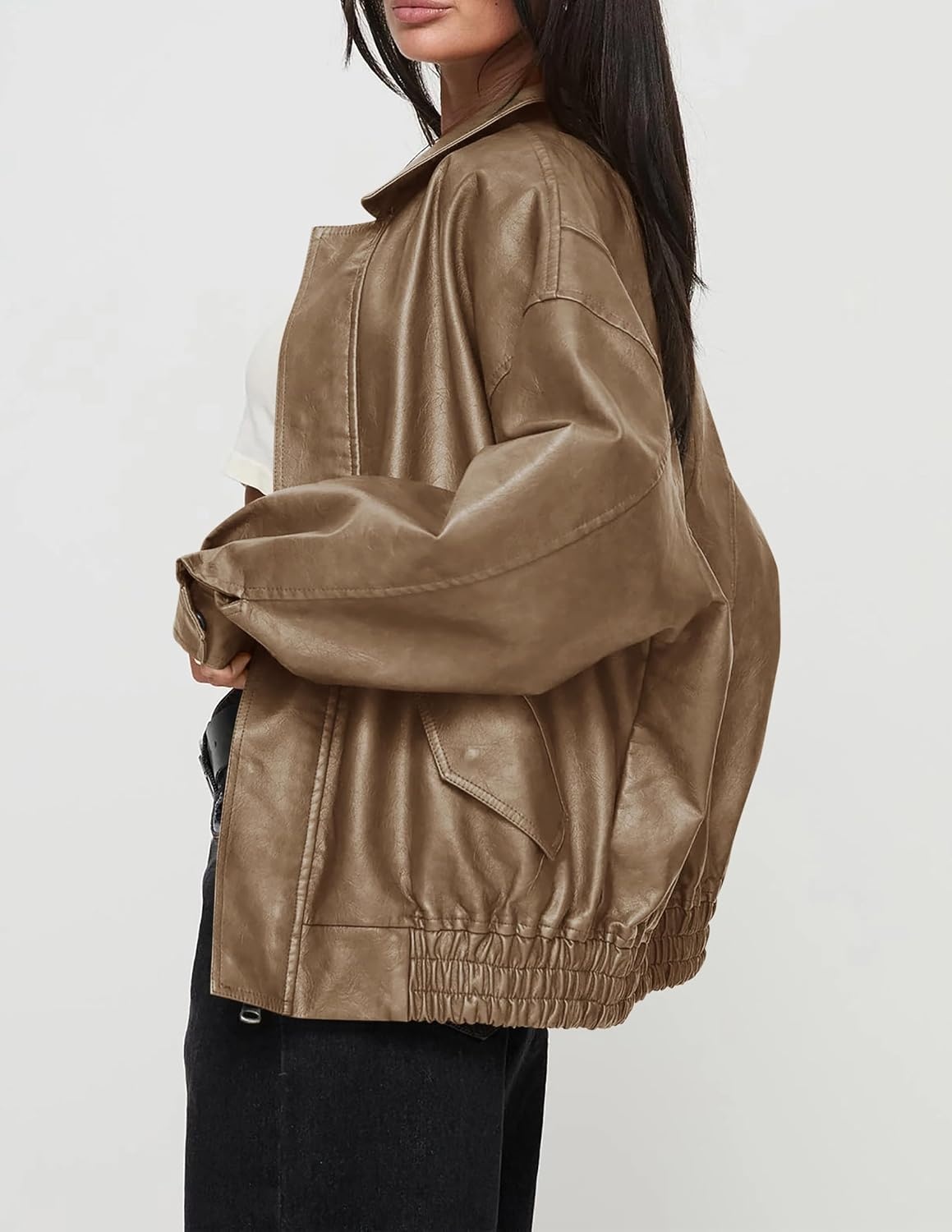 image:imagePRETTYGARDEN Womens Faux Leather Motorcycle Jackets Trendy Fall Spring Clothes Long Sleeve Collared Zip Up Buttons Loose Fit Oversized Jacket Winter Coats Going Out OutfitsKhaki